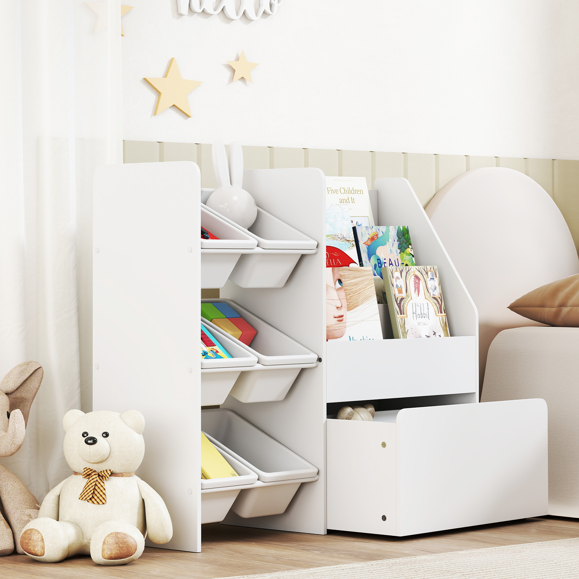 Spielzeugregal, Kinderzimmerregal mit 6 Behälter, Bücherablage, rollbare Box, 100 x 30 x 80 cm, MDF, Stahl, Weiß