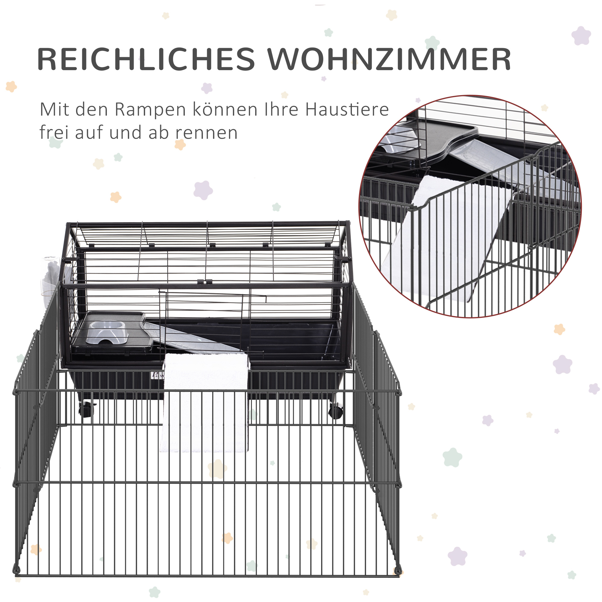 Kleintierkäfig mit Freigehege inkl. Zubehör 88 cm x 128,5 cm x 56 cm  4 Rollen Schwarz Metall Polypropylen