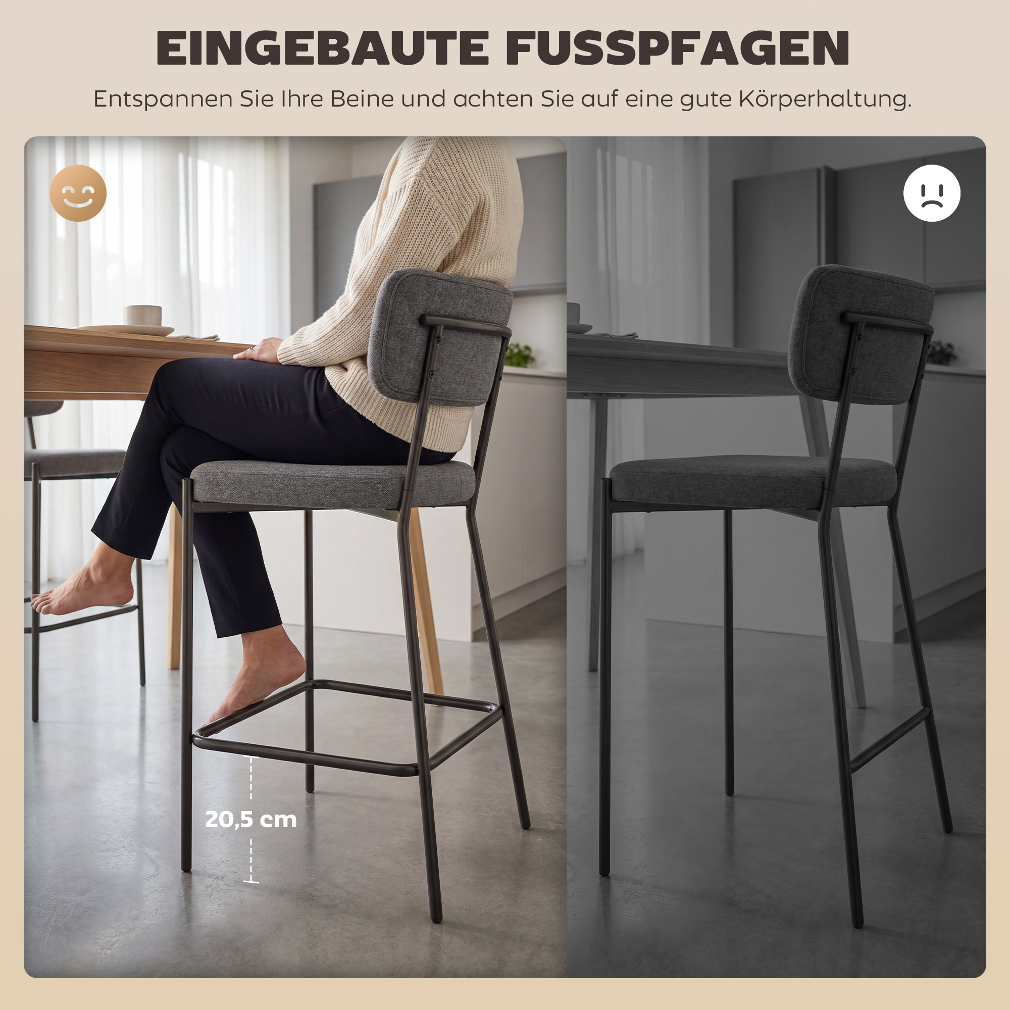Barhocker im 2er-Set, Polster-Barstühle mit geschwungener Rückenlehne, für Kücheninsel, Frühstücksbereich, Grau