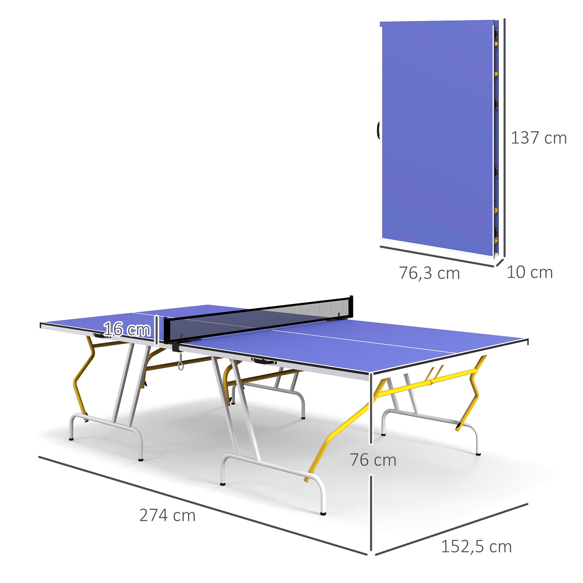 Tischtennisplatte, klappbar, inkl. 2 Schläger, 3 Bälle, Netz, Indoor, Metallgestell, 274x152x76cm, Blau