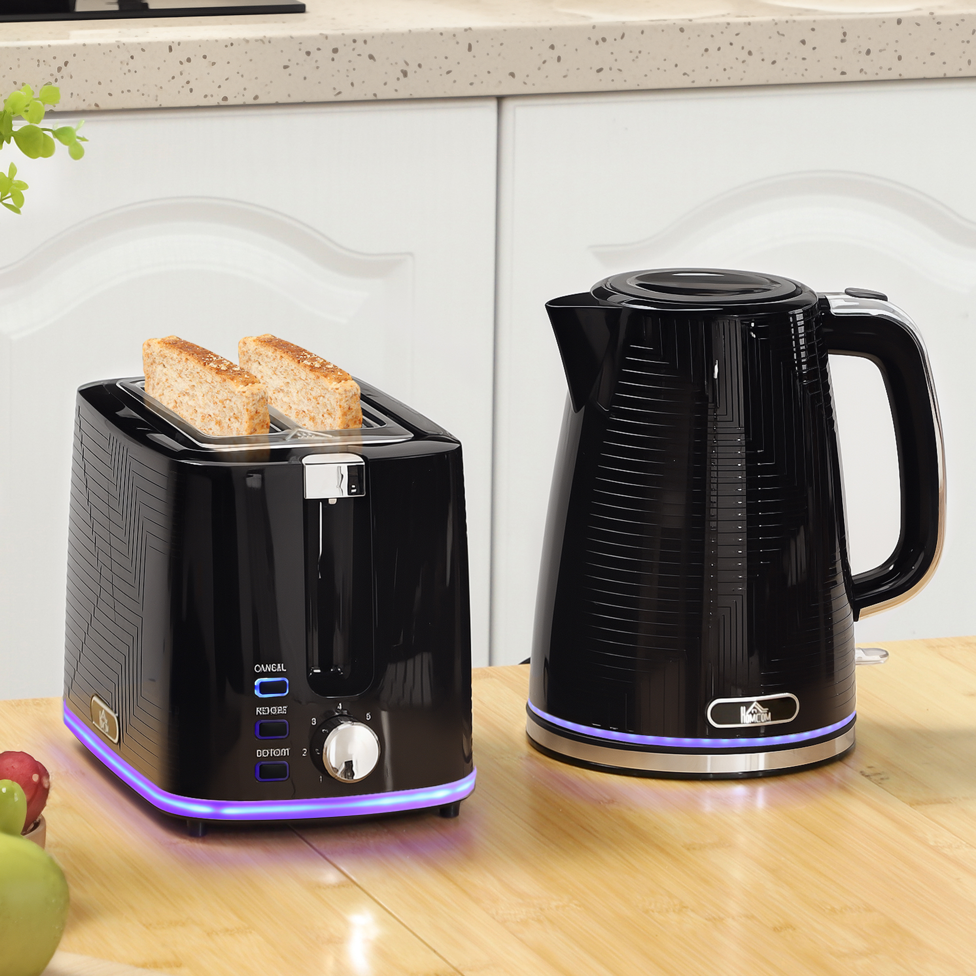 Wasserkocher- und Toaster-Set, 2200W, Otter-Thermostat, 2-Schlitz-Toaster, 7 Bräunungsstufen, Krümelfach, Schwarz