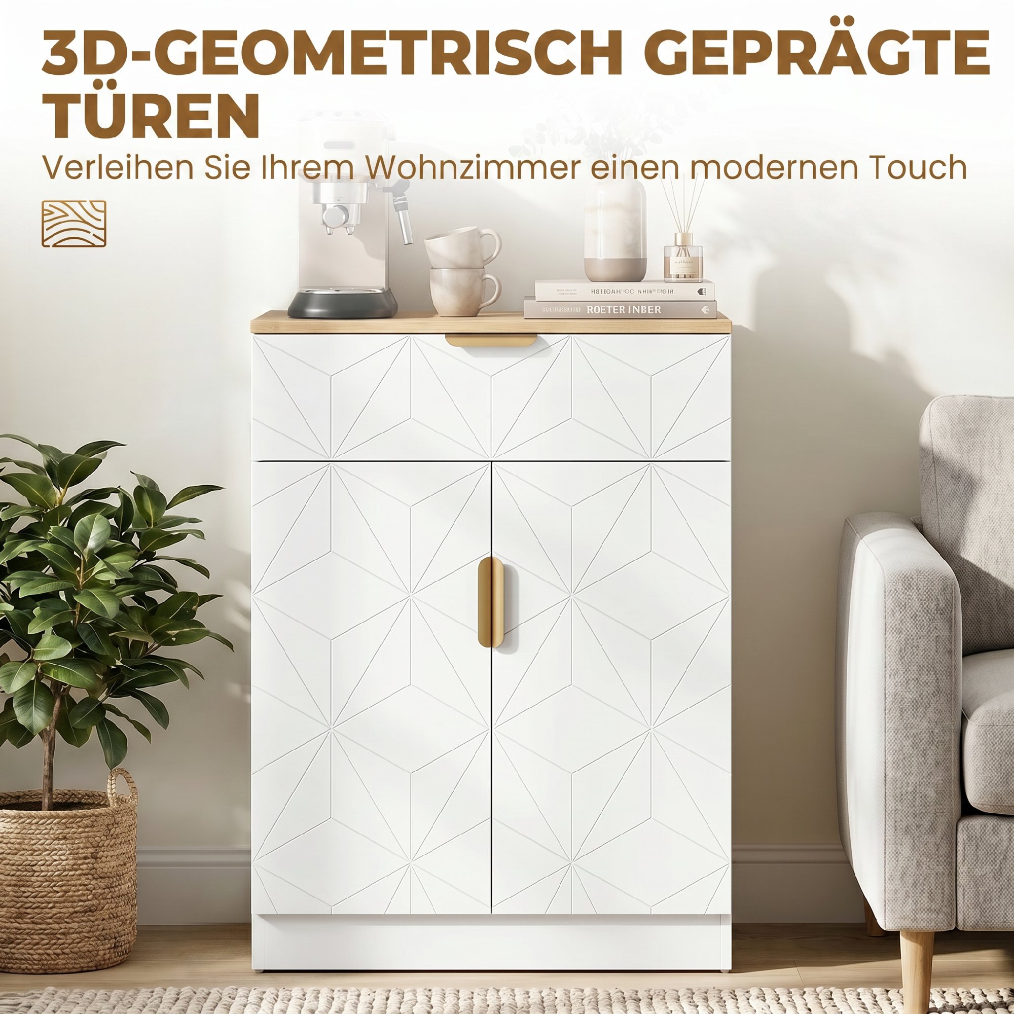 Modernes Sideboard, Aufbewahrungsschrank mit Schublade und verstellbarem Regal, Weiß