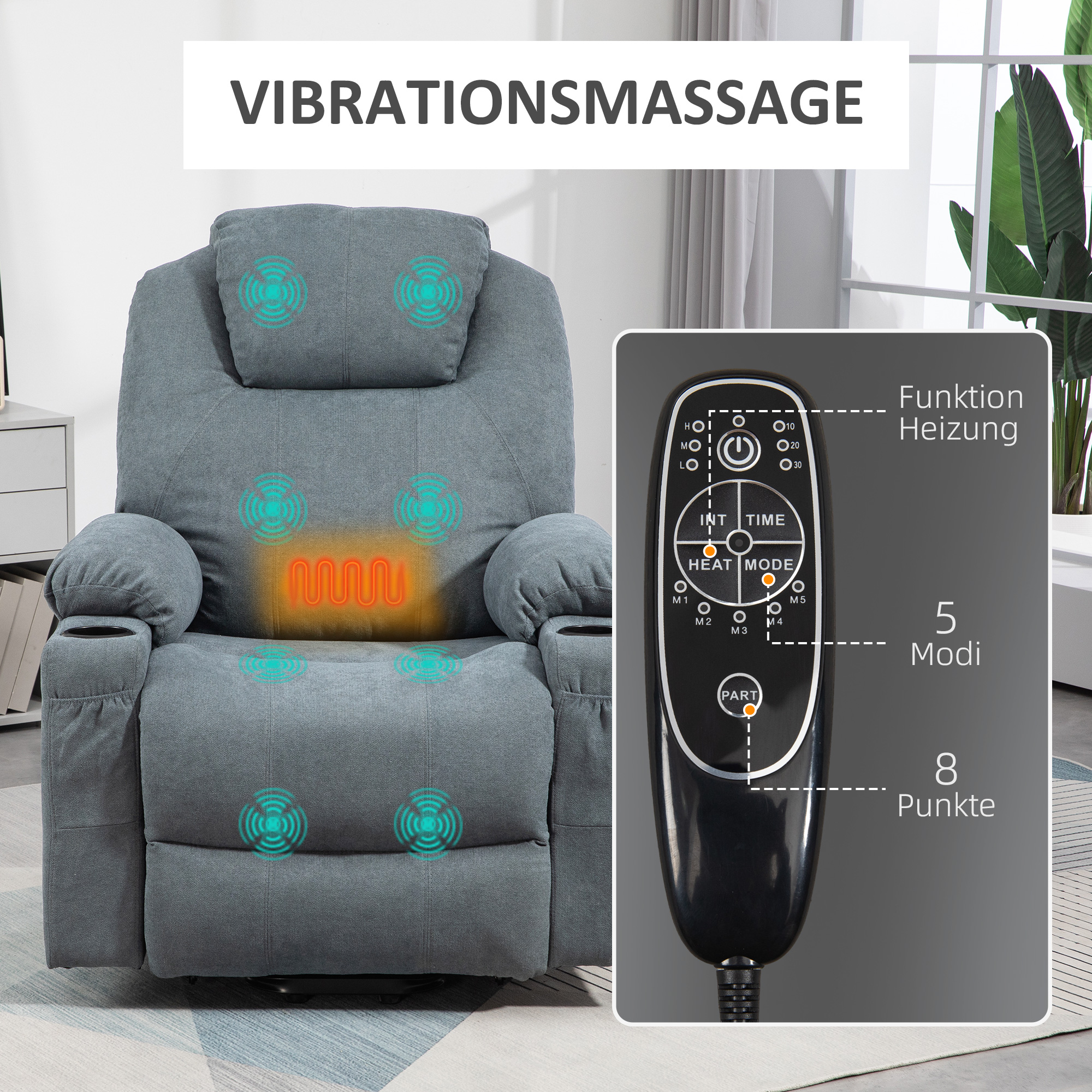 Massagesessel  Aufstehhilfe Seniorensessel, 8 Massagepunkte, Seitentaschen, Fernbedienung, 90L x 101B x 107 cm, Grau