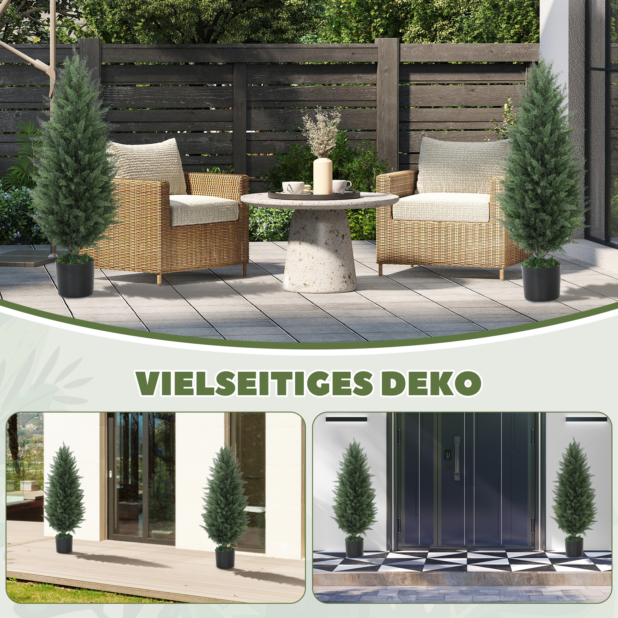 2er-Set Künstliche Zypressen, Kunstbäume mit 831 Blättern, mit Zementtopf, UV-beständig, Kunstpflanze, 90 cm, Grün