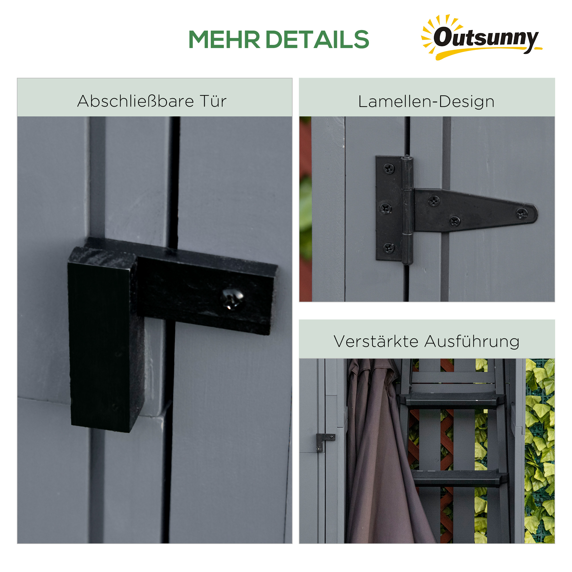 Gartenschrank, offenes Brennholzfach, verriegelbare Tür, wetterfest, Naturholz, 129 x 51,5 x 180cm, grau+schwarz