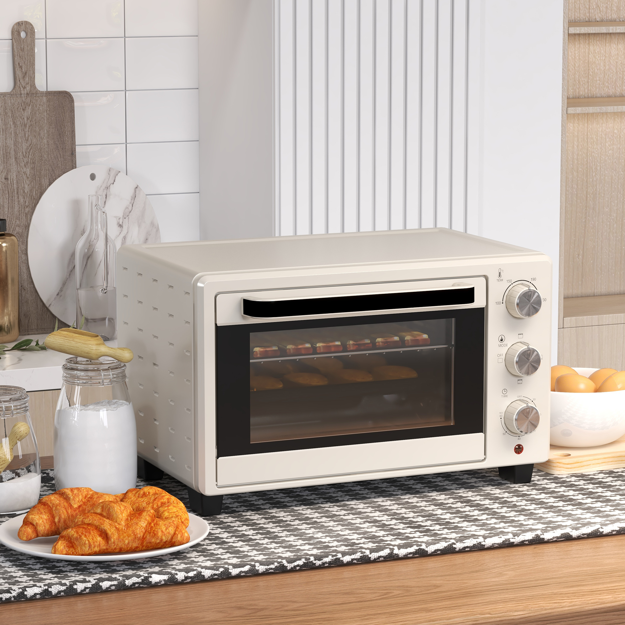 Minibackofen, Backofen kleine 21 L Toasterofen mit 1 Drahtgestell und 1 Backblech, 3 Kochmodi, 100 °C-230 °C, Edelstahl, Glas, Cremeweiß