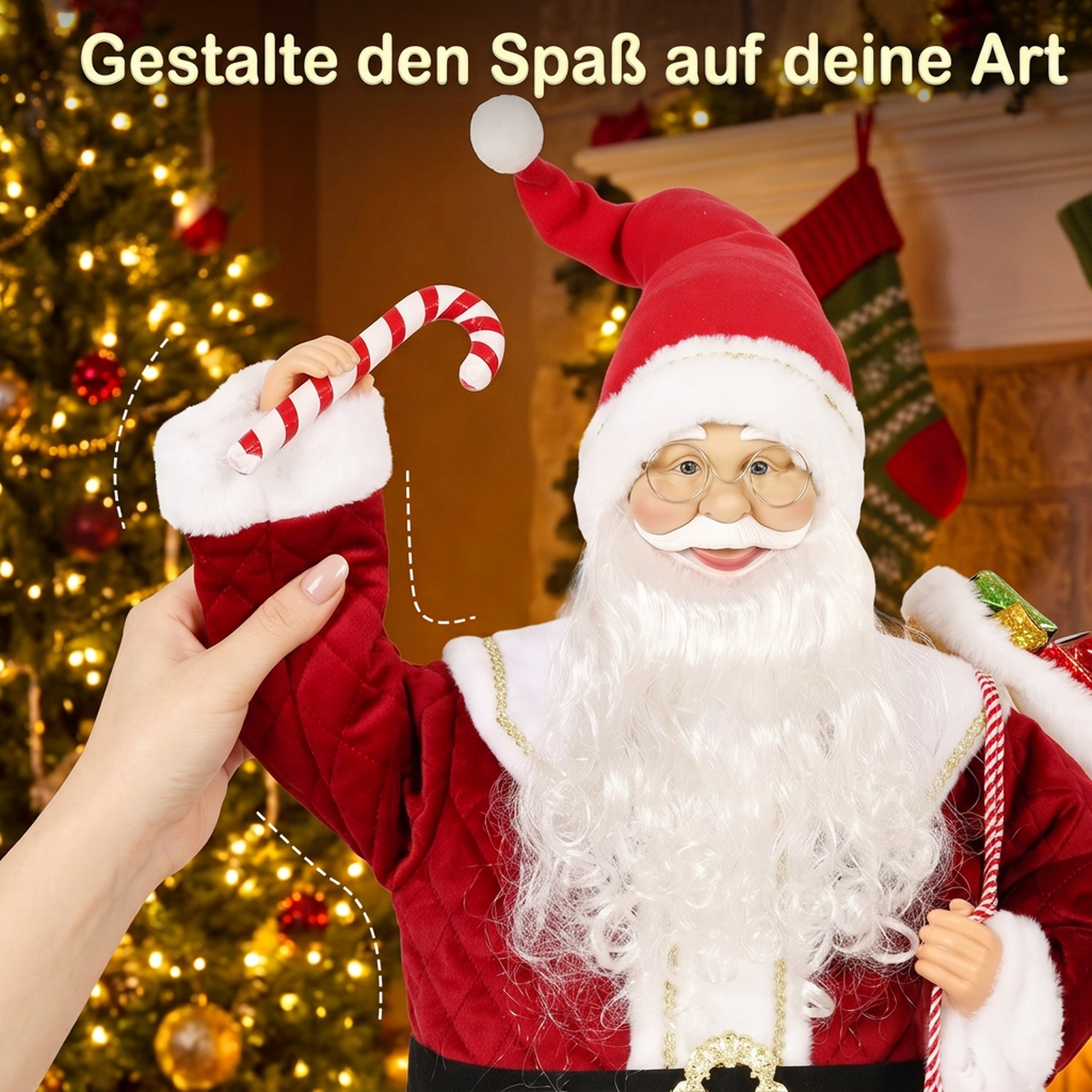 Singender Weihnachtsmann, 120 cm, lebensgroß, animiert, mit drehbarem Kopf und beweglichen Armen