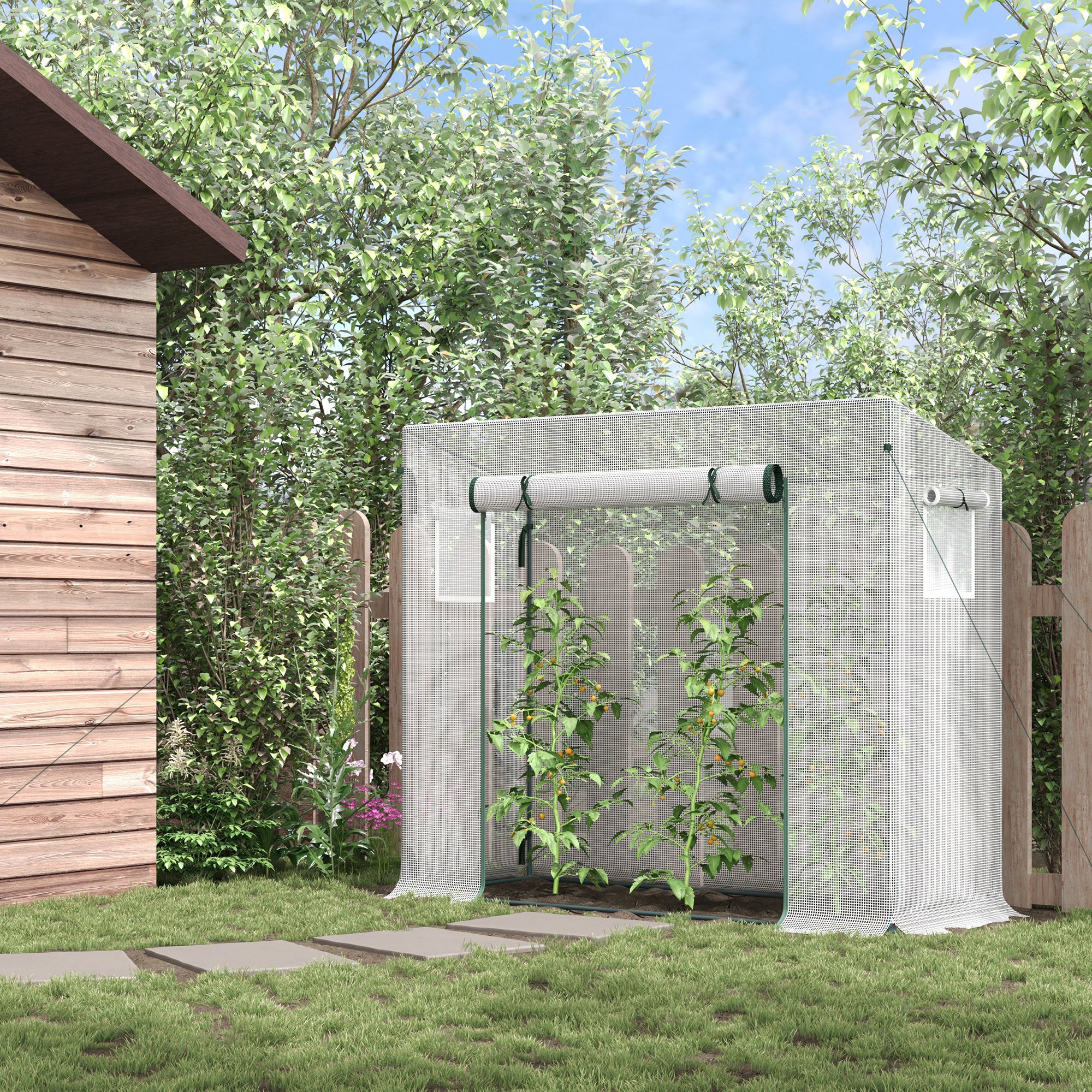 Gewächshaus mit Seitenfenster, aufrollbare Tür, winddicht, Stahlrahmen, Kunststoffplane, weiß, 200 x 76 x 168 cm