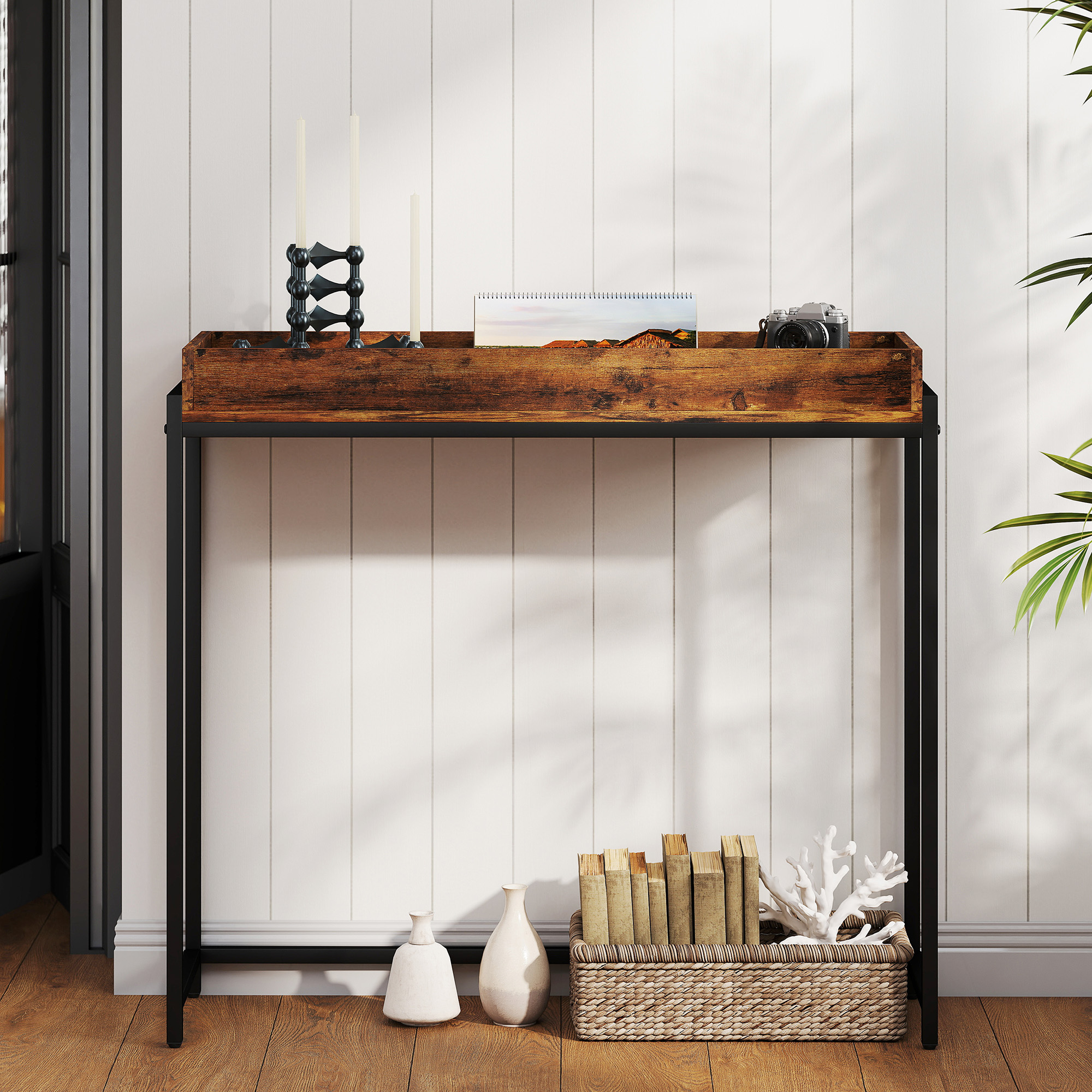 Flurtisch, schmaler Konsolentisch, Metall, Spanplatte, Rustikal-Braun