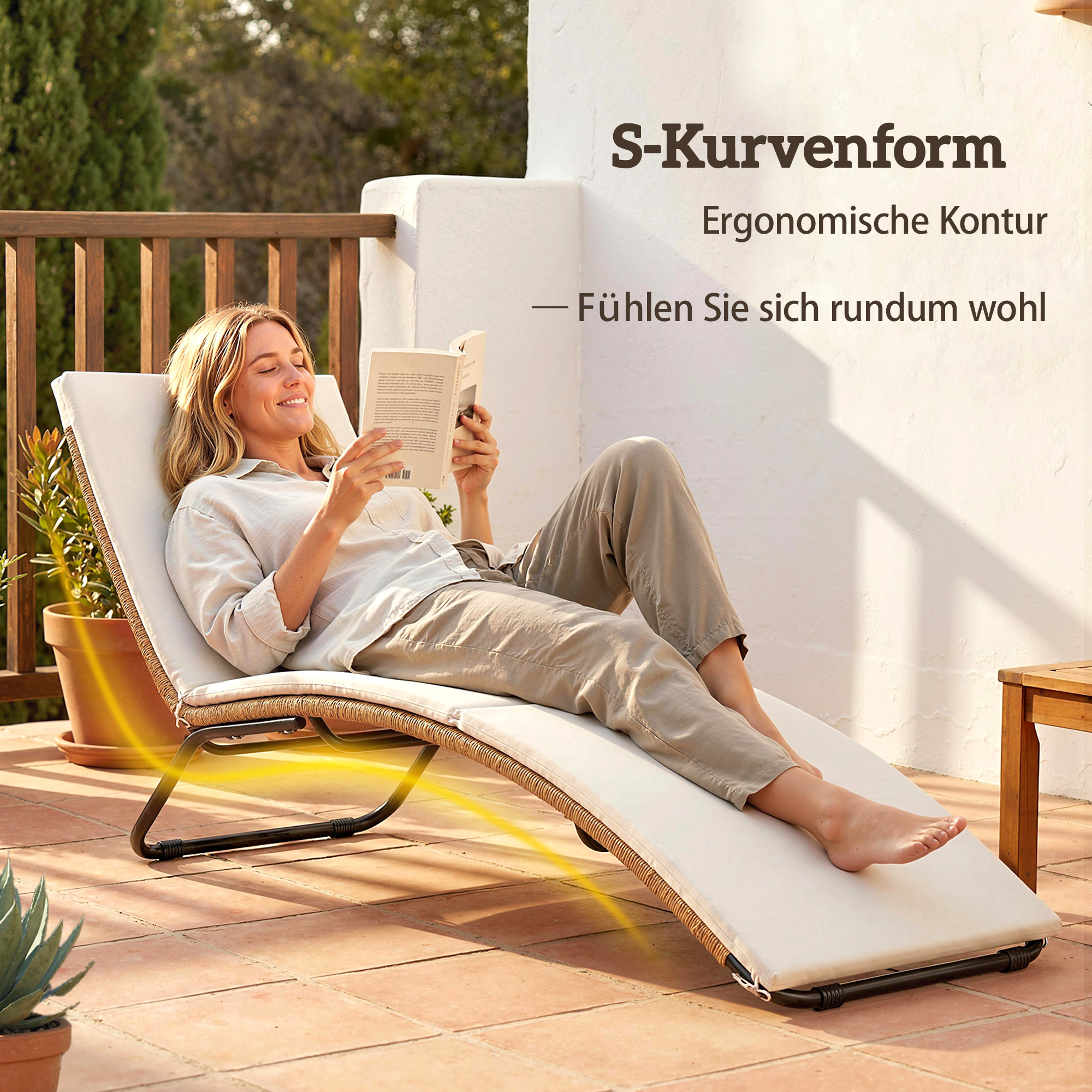 Poly Rattan Sonnenliege S-förmige Gartenliege mit Auflage atmungsaktive Sitzfläche Stahlrahmen