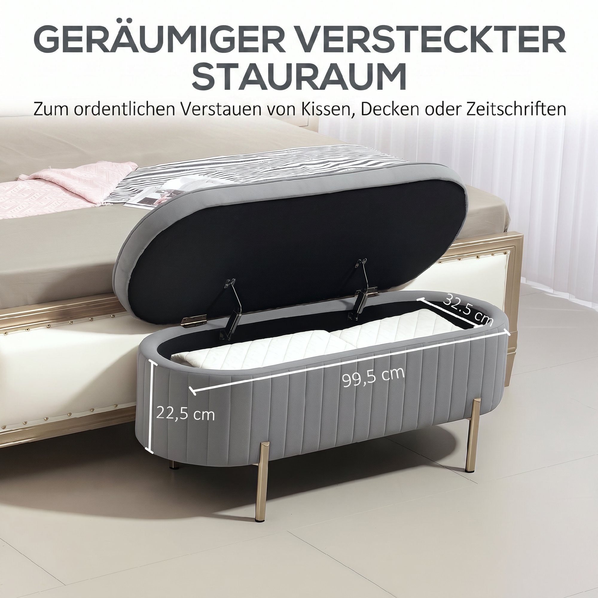 Sitzbank mit Klappdeckel und Stauraum, Stoffbezug, Holz, Metall, Grau+Goldfarben
