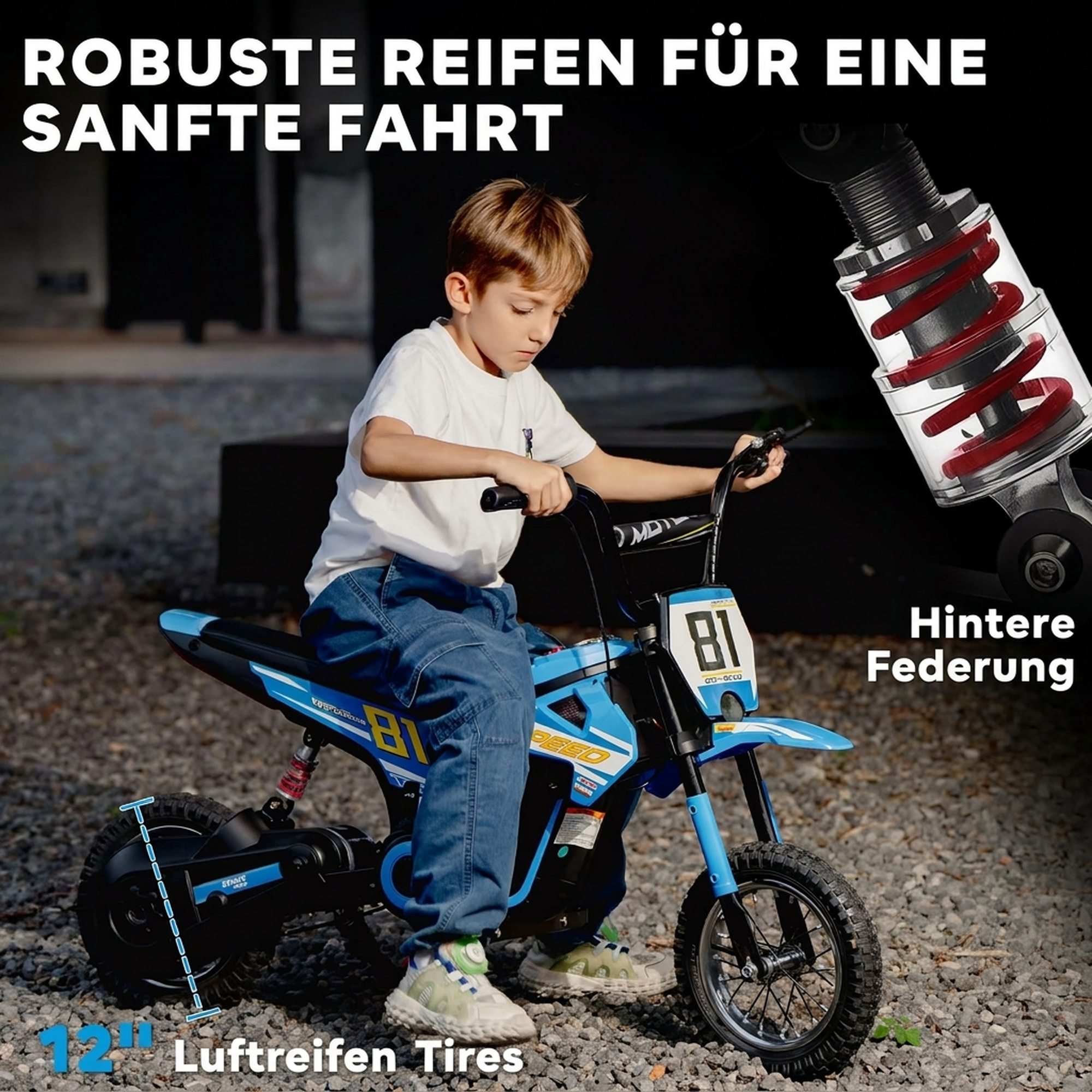 Elektro Motorrad Kinder 24 V Kinder Motocross mit 250W Motor 7Ah Akku Hinterradfederung Scheibenbremse 16km/h 8–12 Jahre