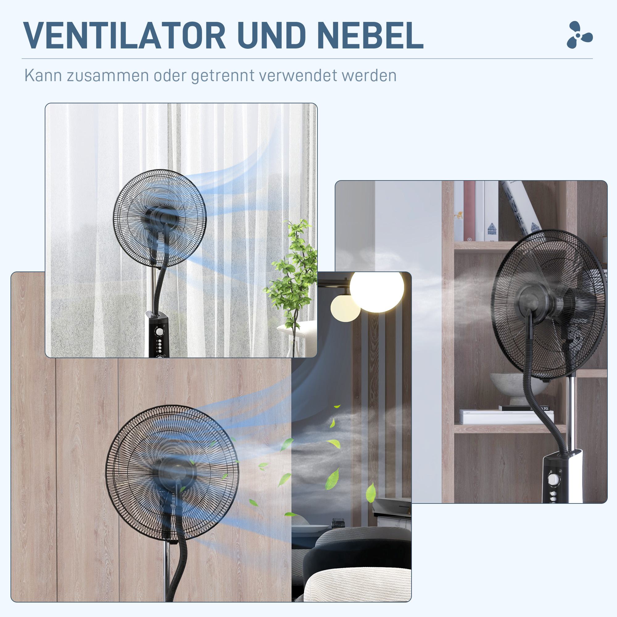 2-in-1 Ventilator mit Befeuchter, 3 Geschwindigkeiten, Timerfunktion, 3 L Tank, 44,5 x 38,5 x 120cm, Schwarz