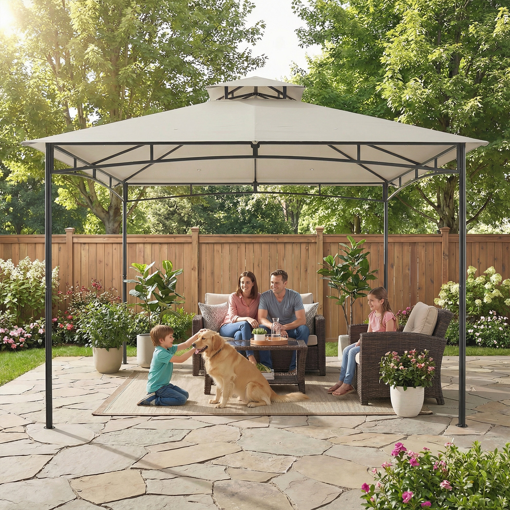Pavillon 3x3m Wasserabweisend Stabil Winterfest Gartenpavillon mit zurückziehbar Obenrahmen Doppeldach Cremeweiß