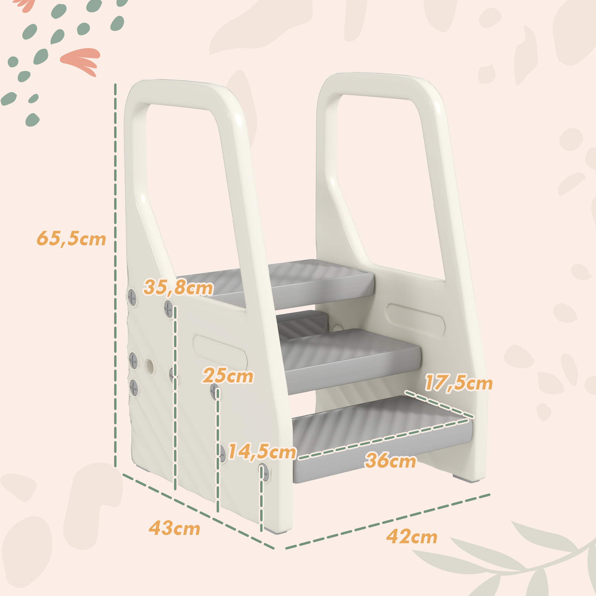Kinder-Tritthocker, von 3 auf 2 Stufen verstellbar, mit Handgriff, Rutschfest, für verschiedene Räume, Kunststoff, Grau