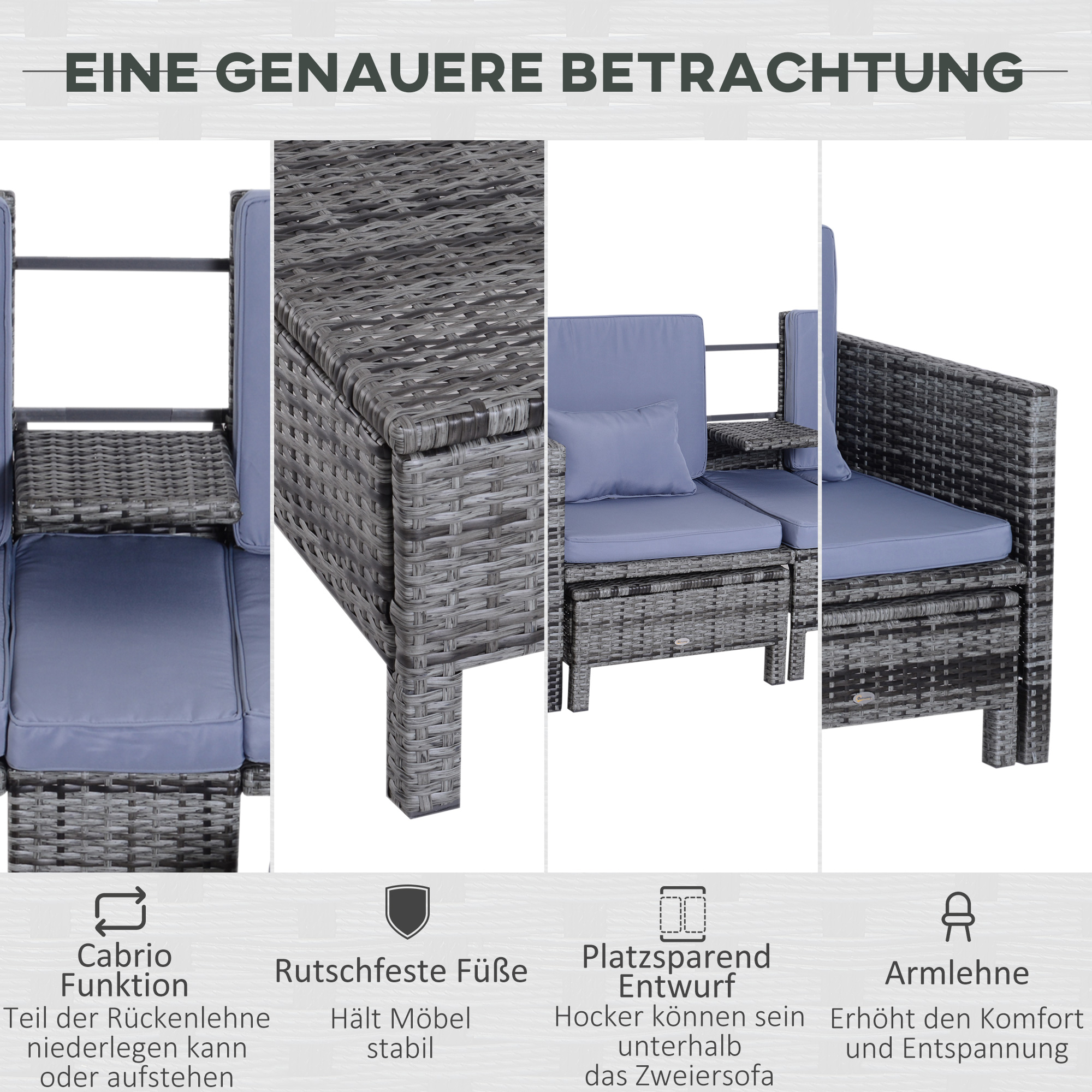 Gartengarnitur, Sitzgruppe, 3-tlg,, Outdoor-Sofa, 2 Hocker, 2-5 Personen, Sitzkissen, Rattanoptik, grau