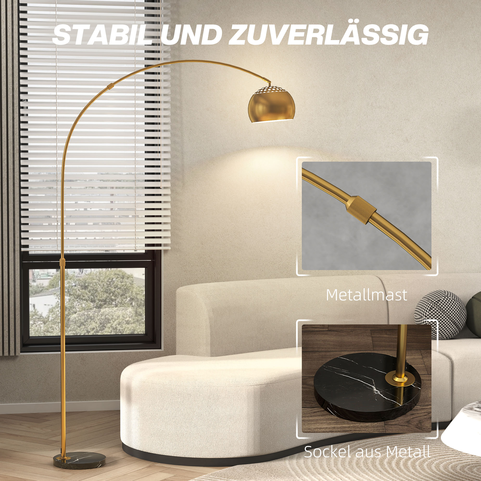 Stehlampe, Bogen-Design mit Marmorsockel, 180 cm, Schwarz+Gold