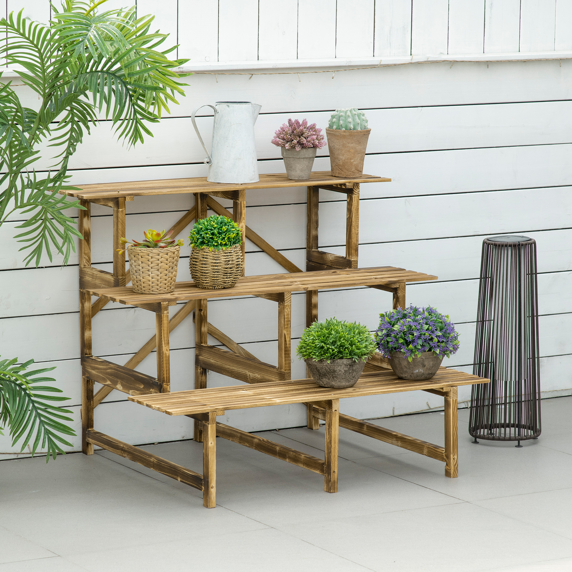 Pflanzentreppe, Blumentreppe, Blumenregal, Pflanzregal, Blumenständer, 3 Stufen, Tannenholz, 100 x 80 x 78cm