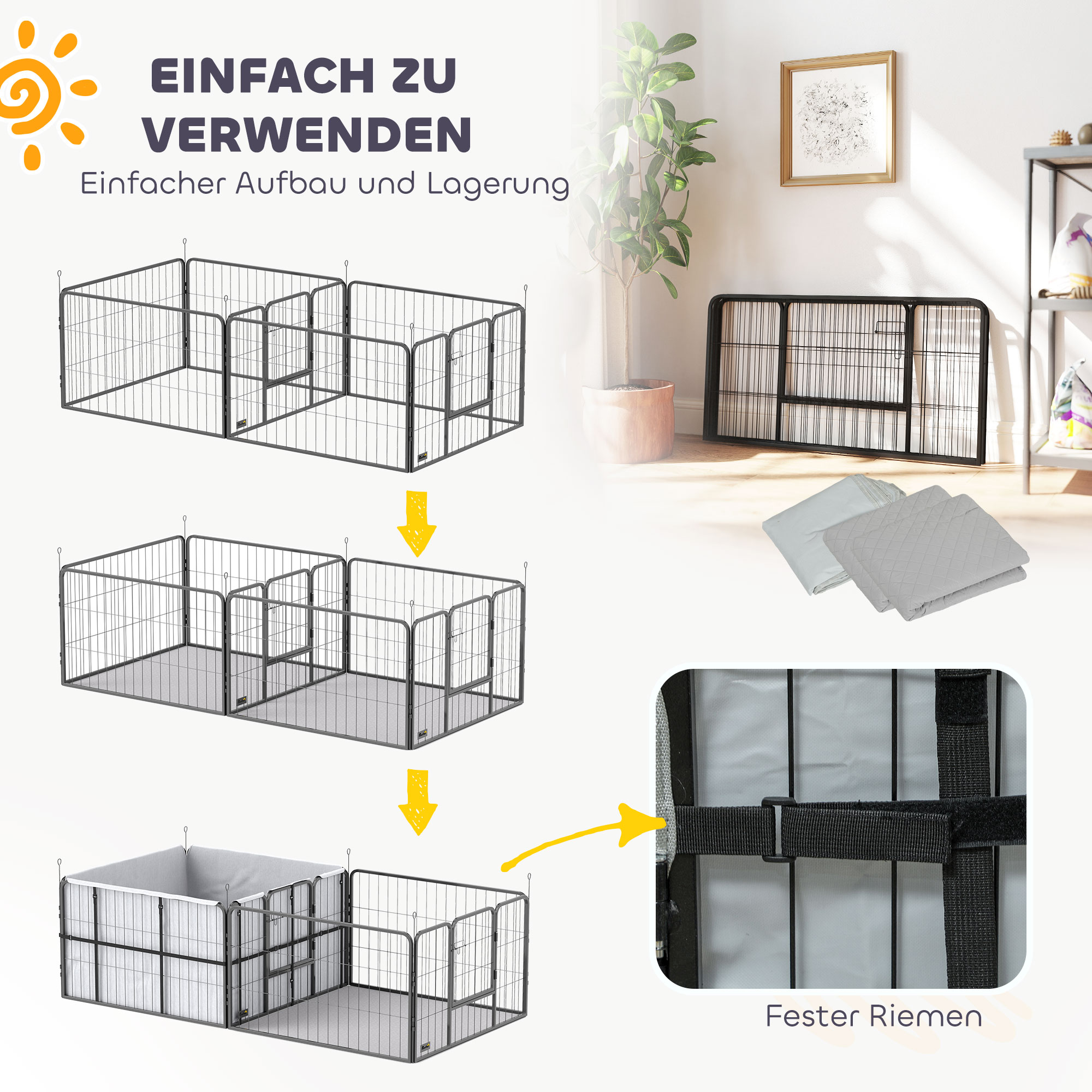 Wurfkiste für Welpen, Wurfbox Welpenlaufstall mit 7 Paneele, 2 Bereichen, Waschbare Wurfunterlage, 203x102x60cm Schwarz
