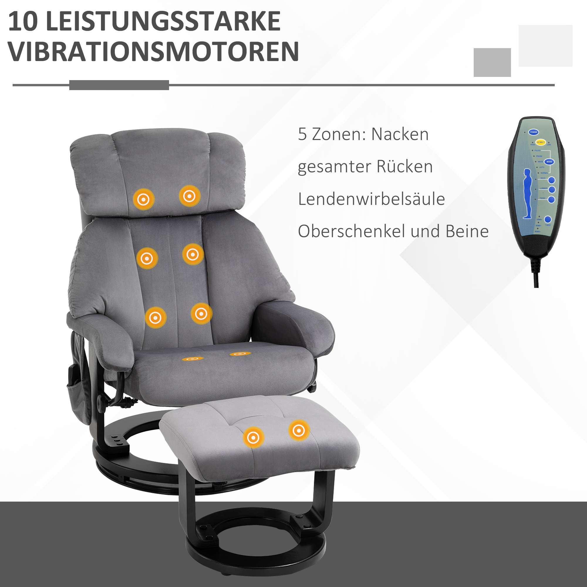 Relaxsessel mit Hocker, Drehbarer Fernsehsessel mit Schwingmassage, Liegefunktion, Massagesessel mit Seitentasche, Liegesessel mit Samtoptik für Wohnzimmer Grau
