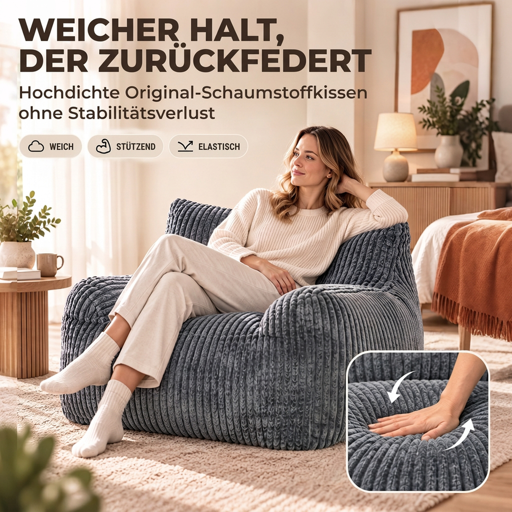 Bodensessel für Erwachsene, große Cloud-Bodenlounge ohne Gestell, mit Rückenstütze und Armlehnen, ohne Montage, Grau