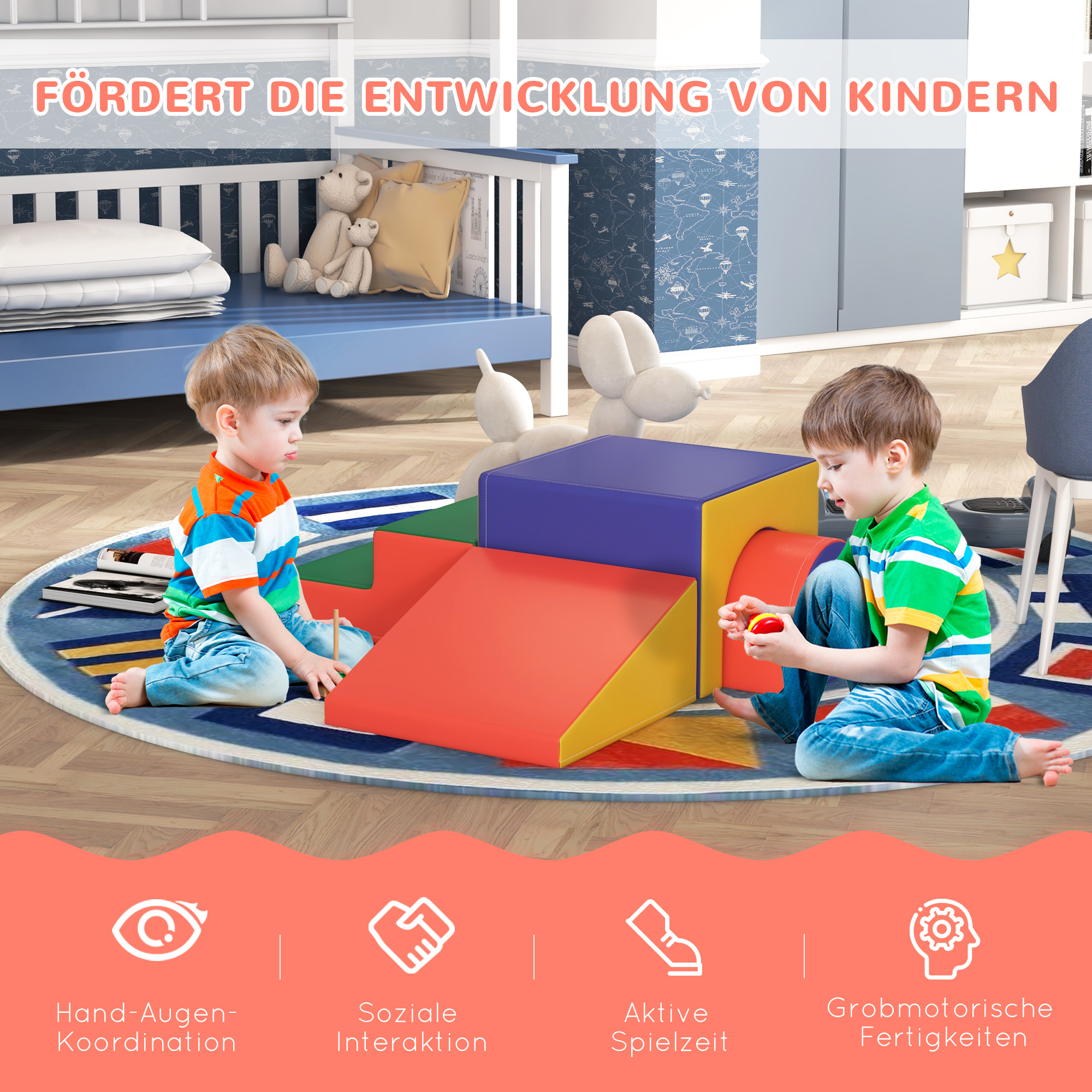 4er Softbaustein-Set zum Klettern und Rutschen, Kunstlederbezug, für Kinder im Alter von 1-3 Jahren, Mehrfarbig