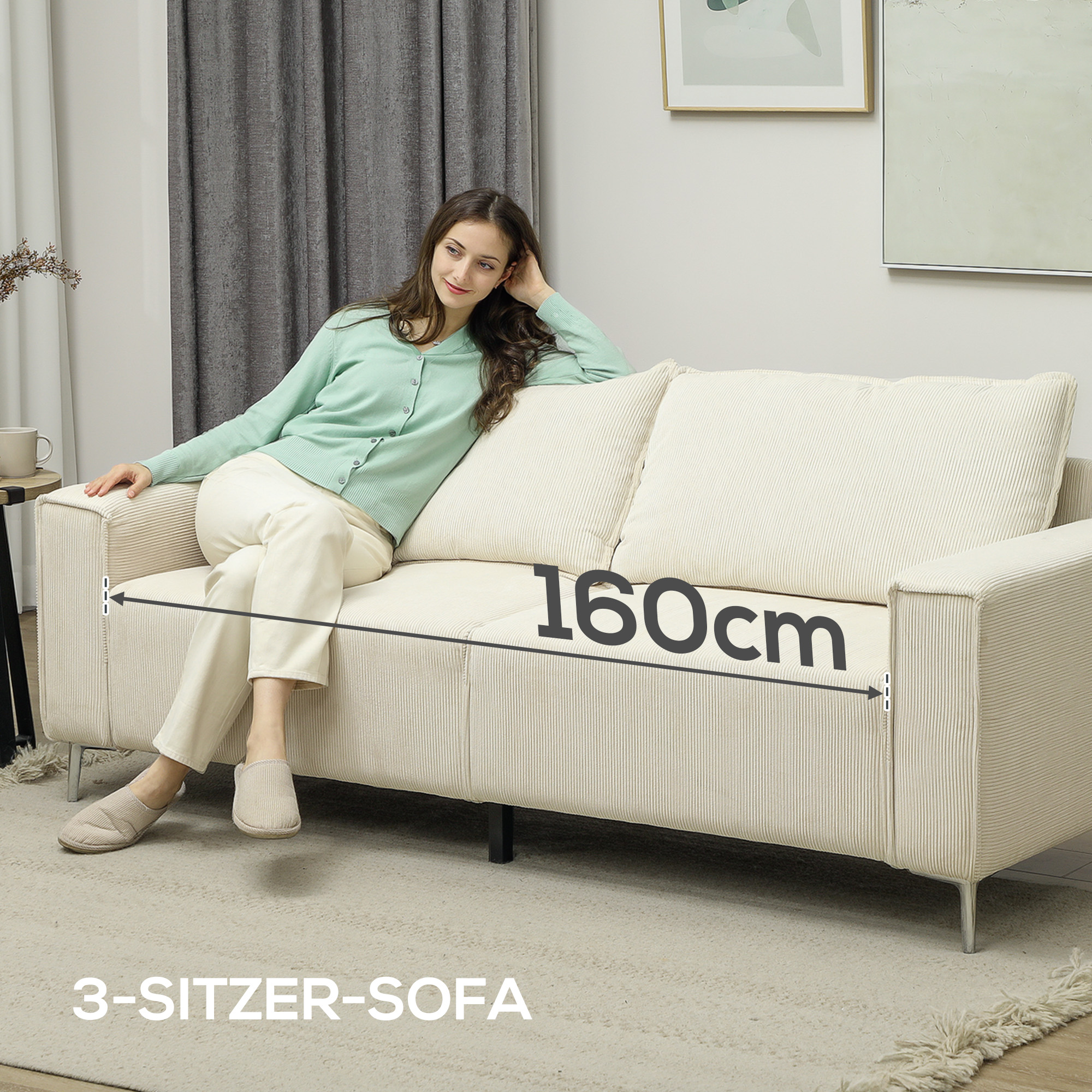Modernes 3-Sitzer-Sofa, Weiche Couch mit Rückenkissen, Polstersofa für Wohnzimmer, Schlafzimmer, Homeoffice, Cremeweiß