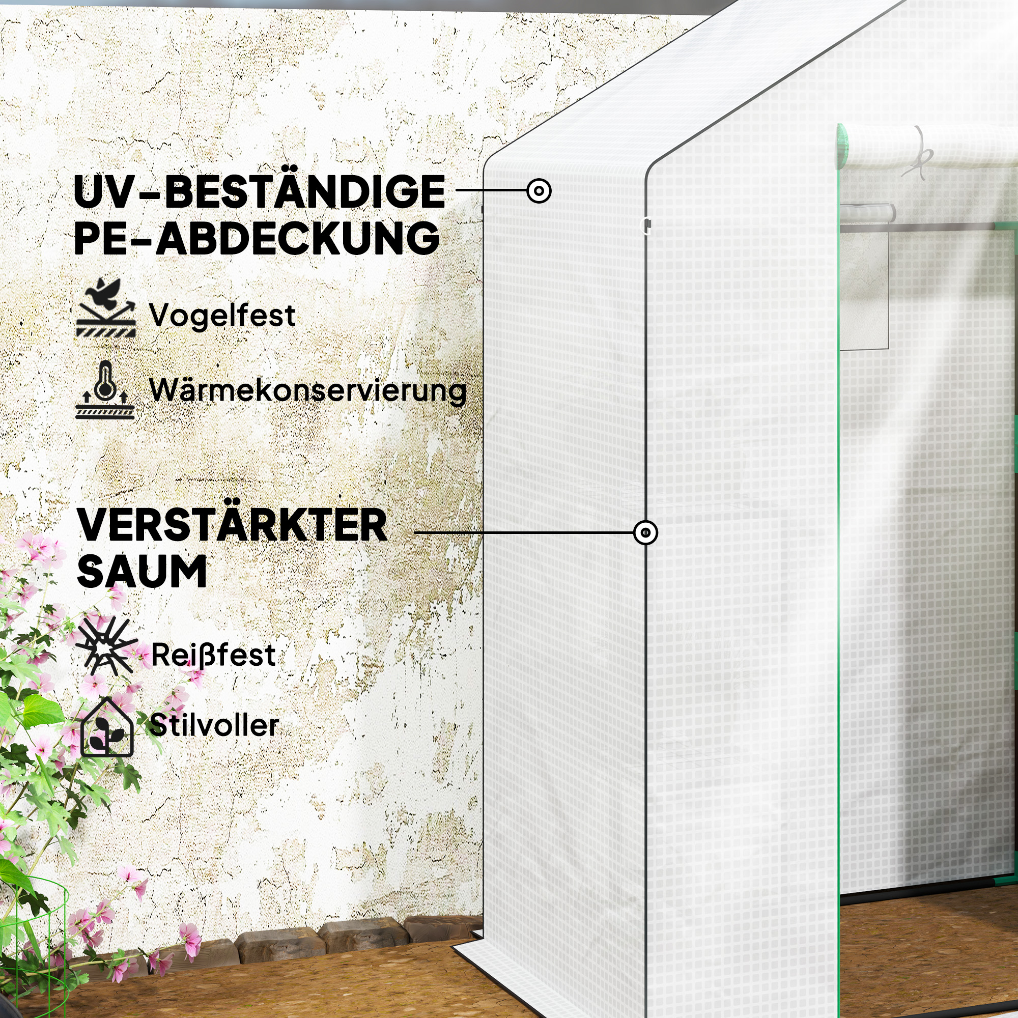 Gewächshaus mit Regalen, Mini-Treibhaus, UV-beständig, Netzfenster, Reißverschlusstür, 143L x 74B x 190H cm, Weiß