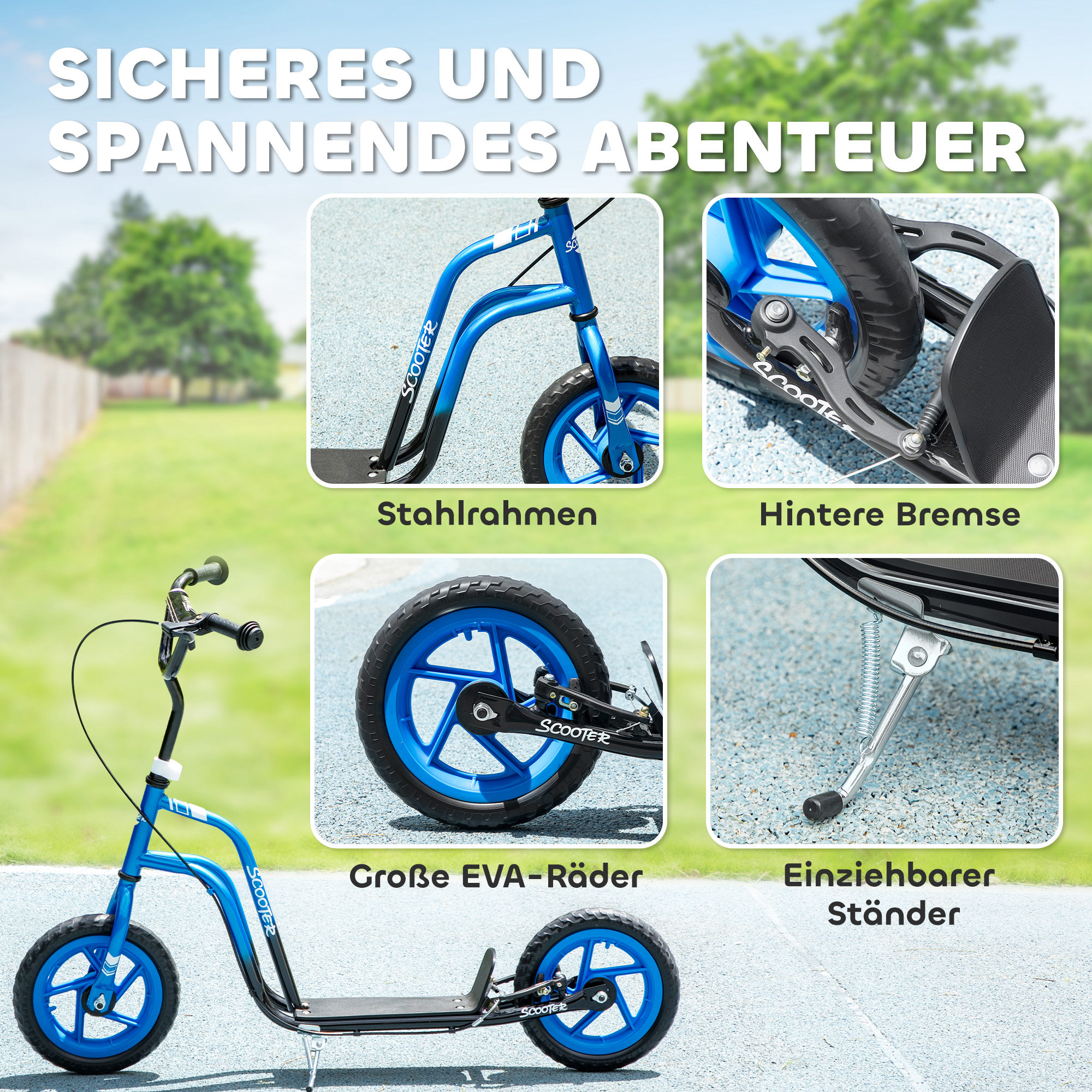 Kinderroller mit verstellbarem Lenker, große Räder, Parkständer, Handbremse, für Kinder im Alter von 5-12 Jahren, Blau