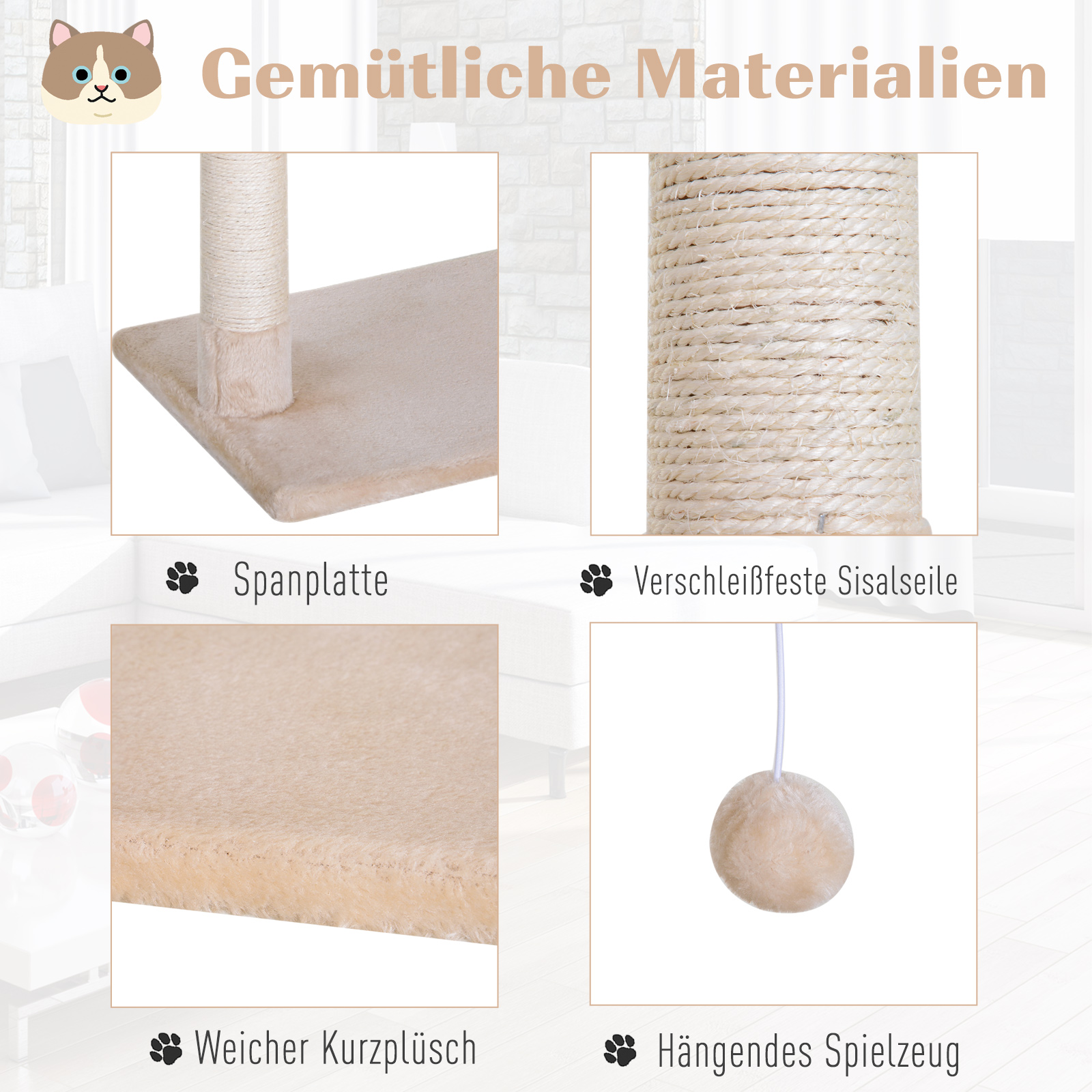 Kletterbaum Katzenbaum Kratzbaum mit Sisalsäule Plüsch-Hängematte Spanplatte Beige 50 x 36 x 70 cm
