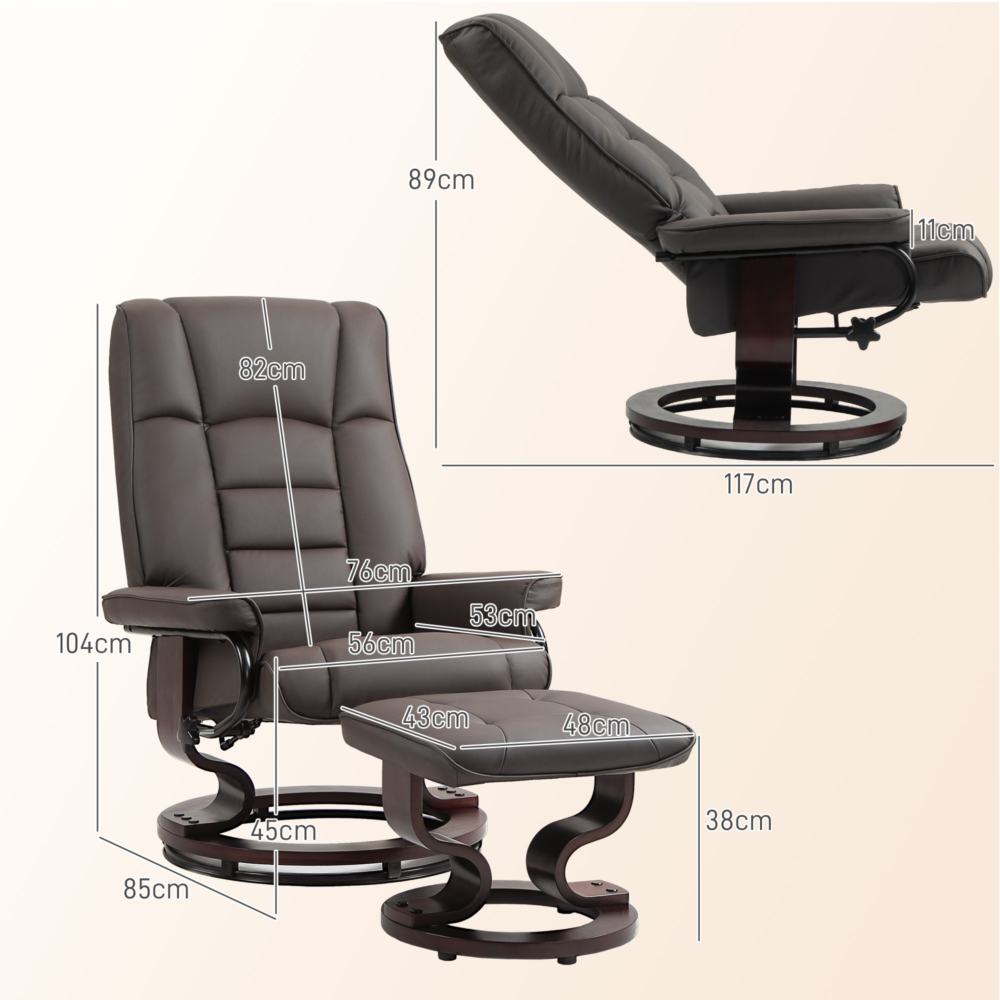 Relaxsessel mit Hocker, drehbar & neigbar, Kunstlederbezug, bis 150 kg, Holzgestell, Braun