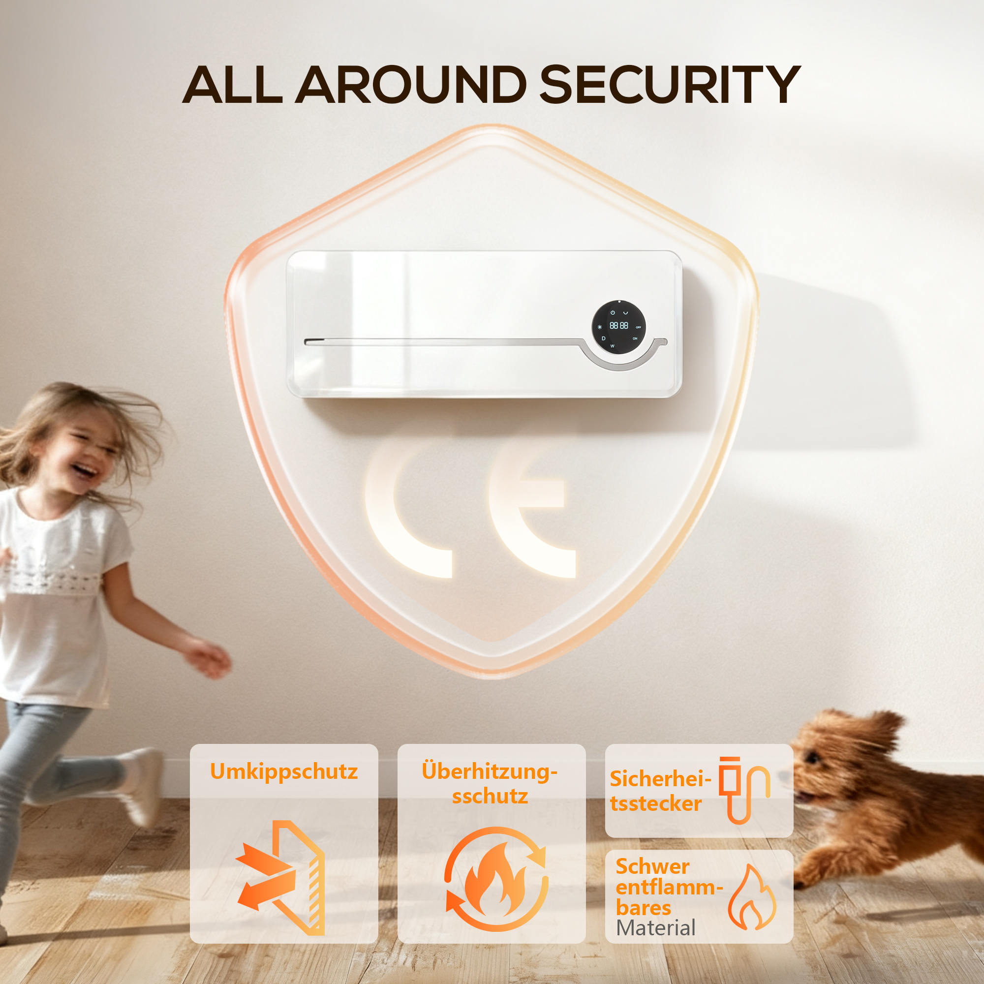 Heizlüfter zur Wandmontage 2000W Keramik-Wandheizung mit Ventilator, Fernbedienung, 2 Heizmodi, LED-Display