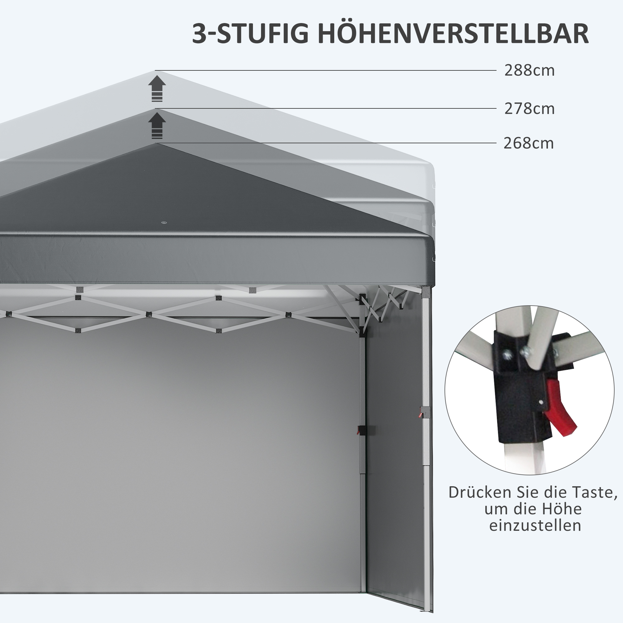 Faltpavillon, 2 Seitenwände, höhenverstellbar, mit Transporttasche, rostfreies Stahlgestell, 3x3 m, Dunkelgrau