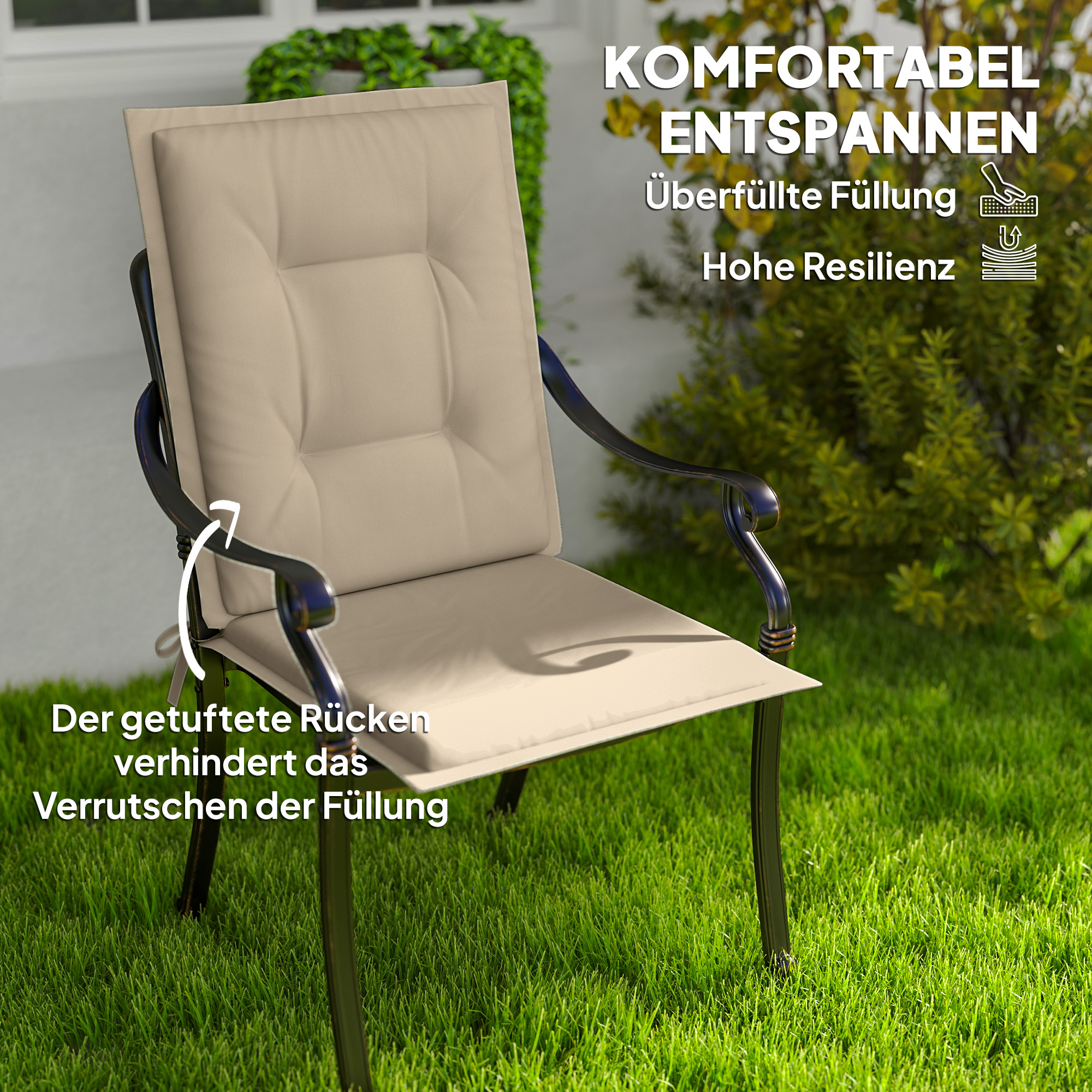 4er Set Sitzkissen 108 x 50 x 5 cm Stuhlkissen mit Bändern, Outdoor Indoor Sitzauflage Beige