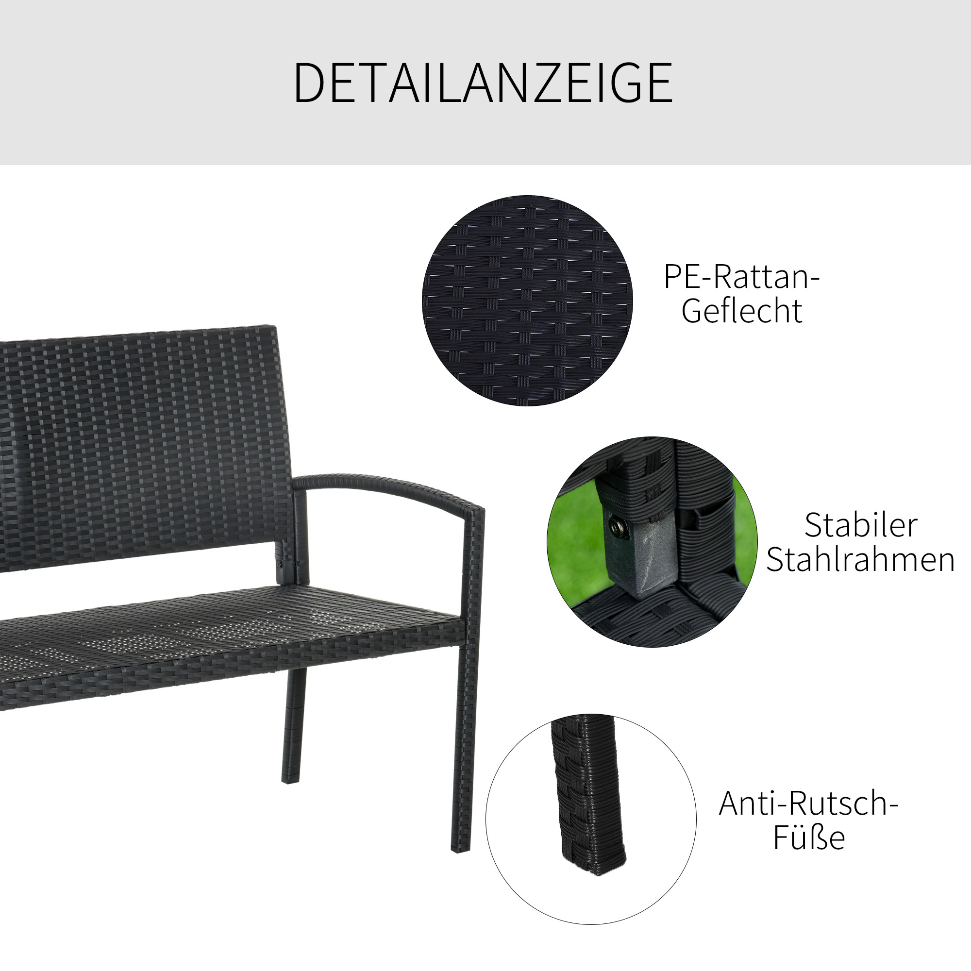 Gartenbank, in Rattanoptik, mit Stahlrahmen, für 2 Personen, Schwarz, 122 x 60 x 85cm