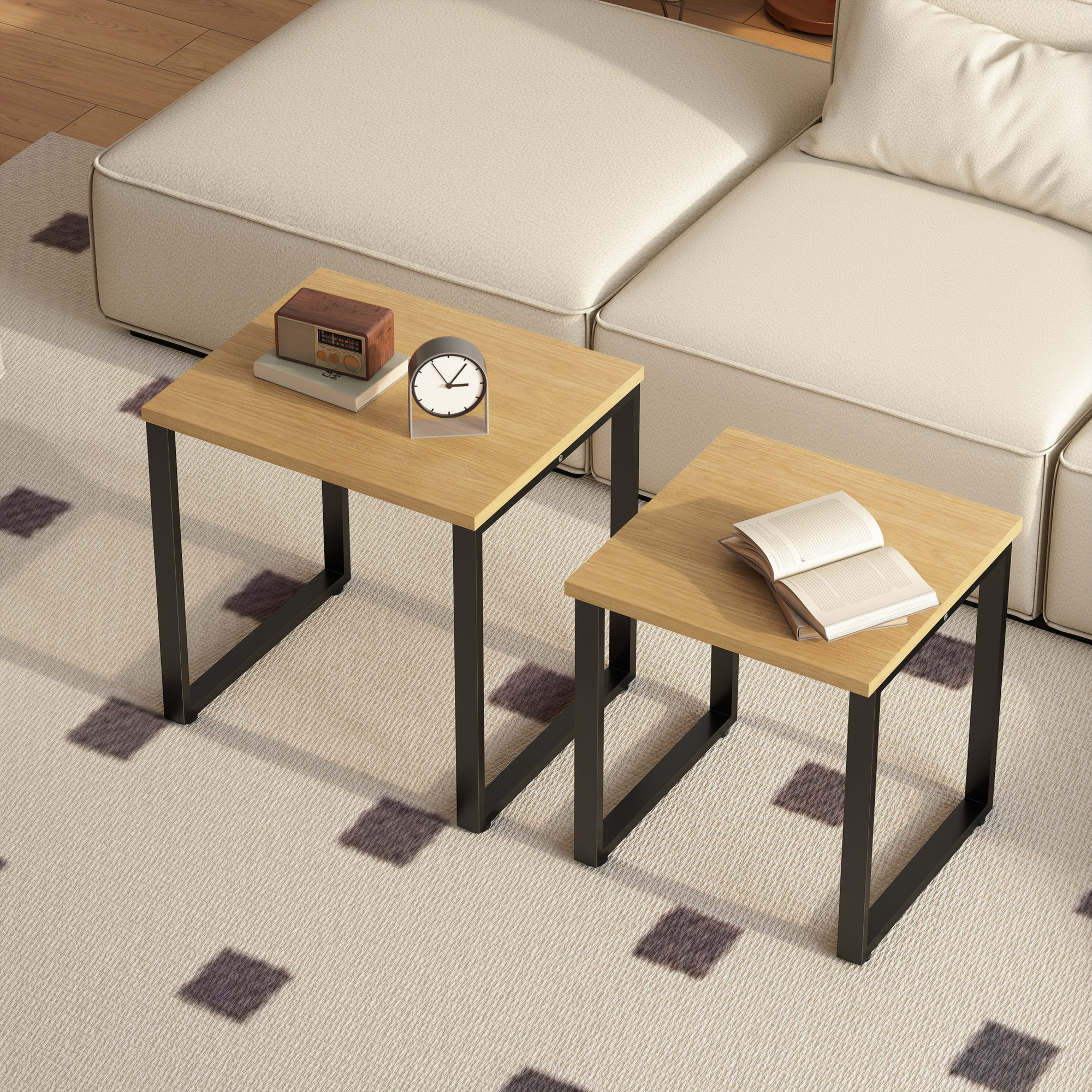 Couchtisch 2er Set Wohnzimmertisch mit Metallrahmen für Wohnzimmer Natur