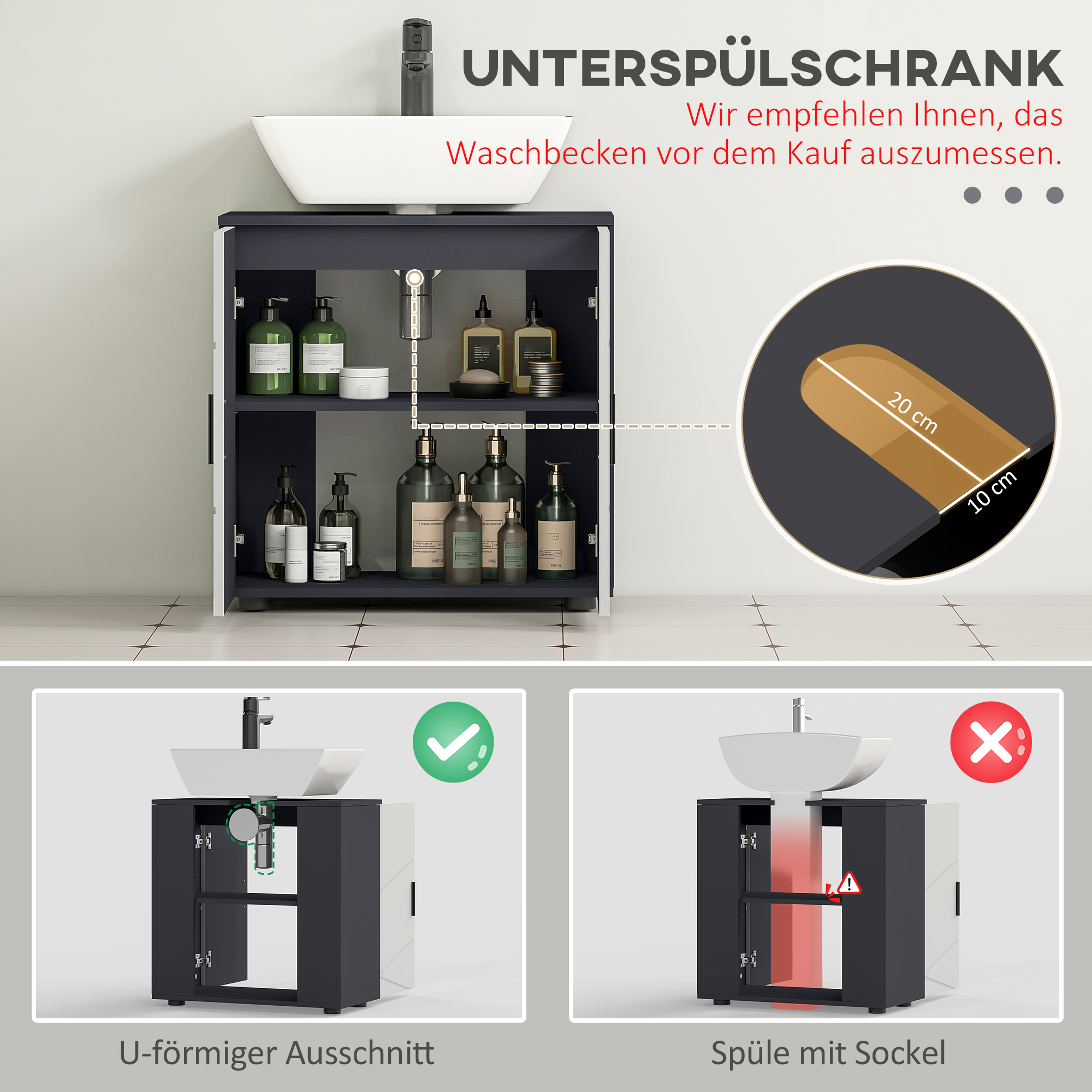 Badezimmerschrank, Badkommode, Waschbecken-Unterschrank, 2 Ebenen, Holz, Hellgrau
