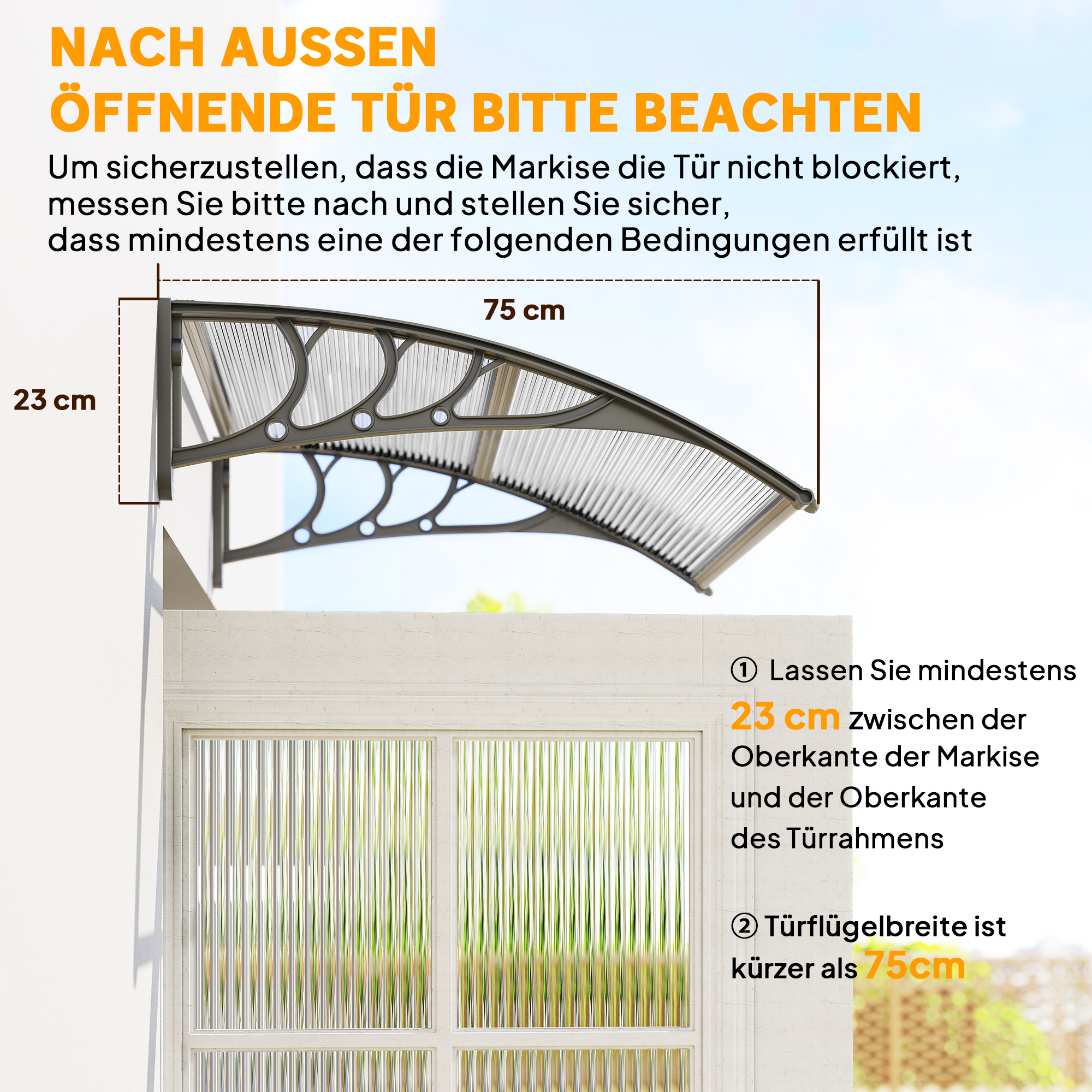 Vordach, Haustürvordach, Überdachung für Eingänge und Fenster, 100L x 75B x 23H cm, Silber