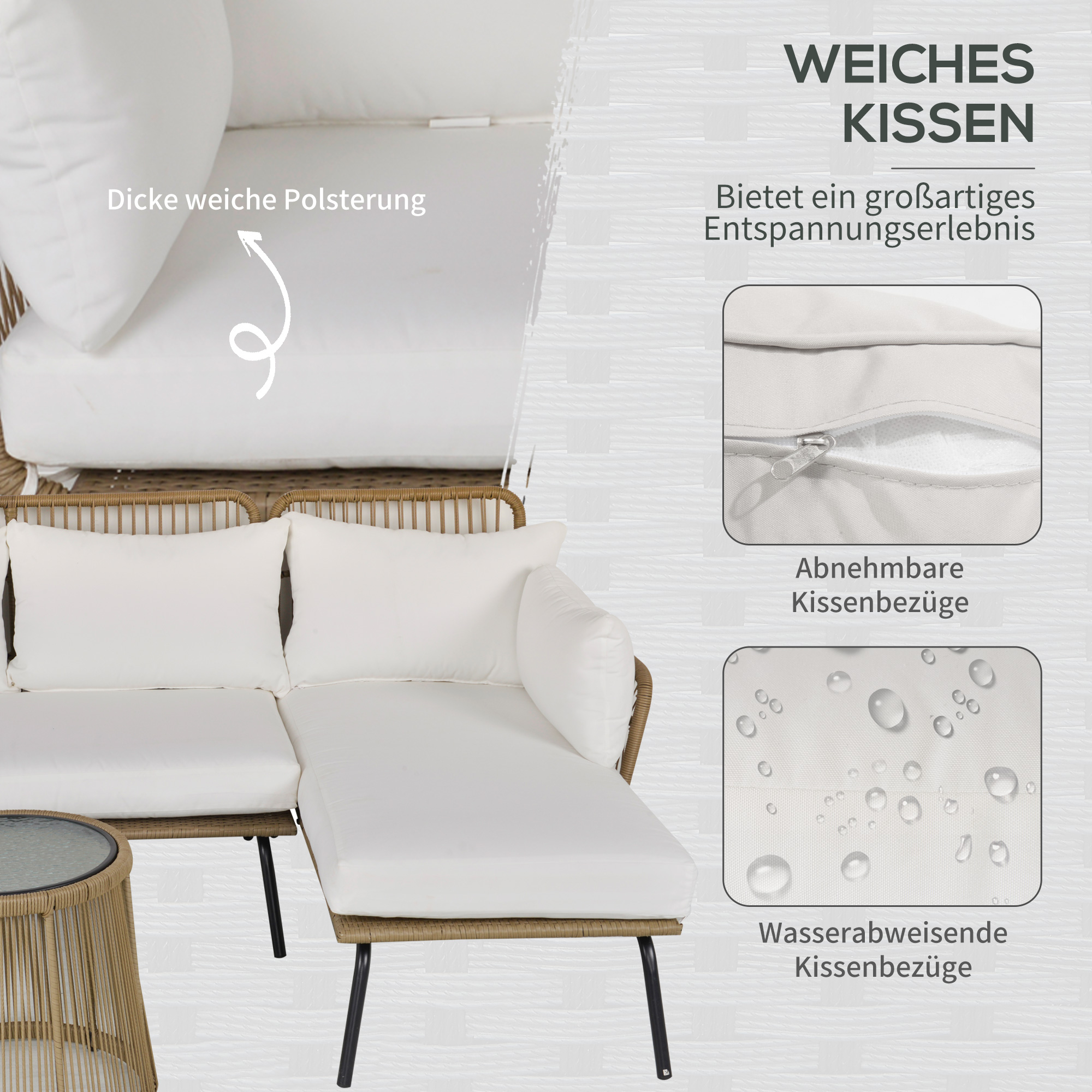 3 tlg. Rattan Gartenmöbel-Set, PE-Rattan, 1 Ecksofa, 1 Liege, inkl. Kissen, wetterbeständig, Kaffee +Creme