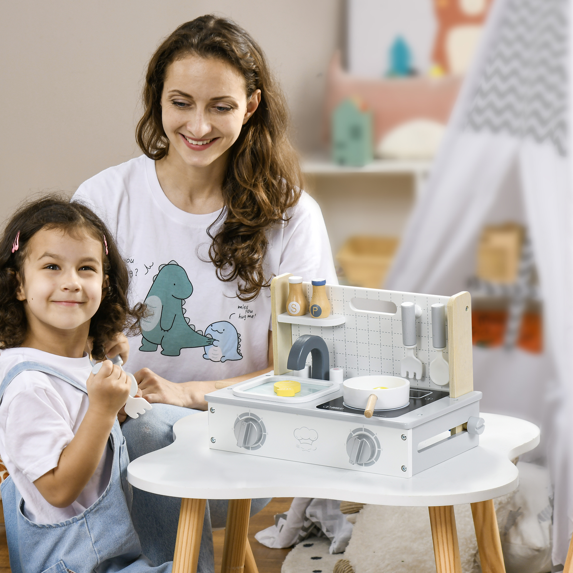 Kinderküchen-Set, 10-teilig, mit Gewürzflaschen, Topf, Ei, Fisch, 36x21,5x25 cm, Grau/Gelb
