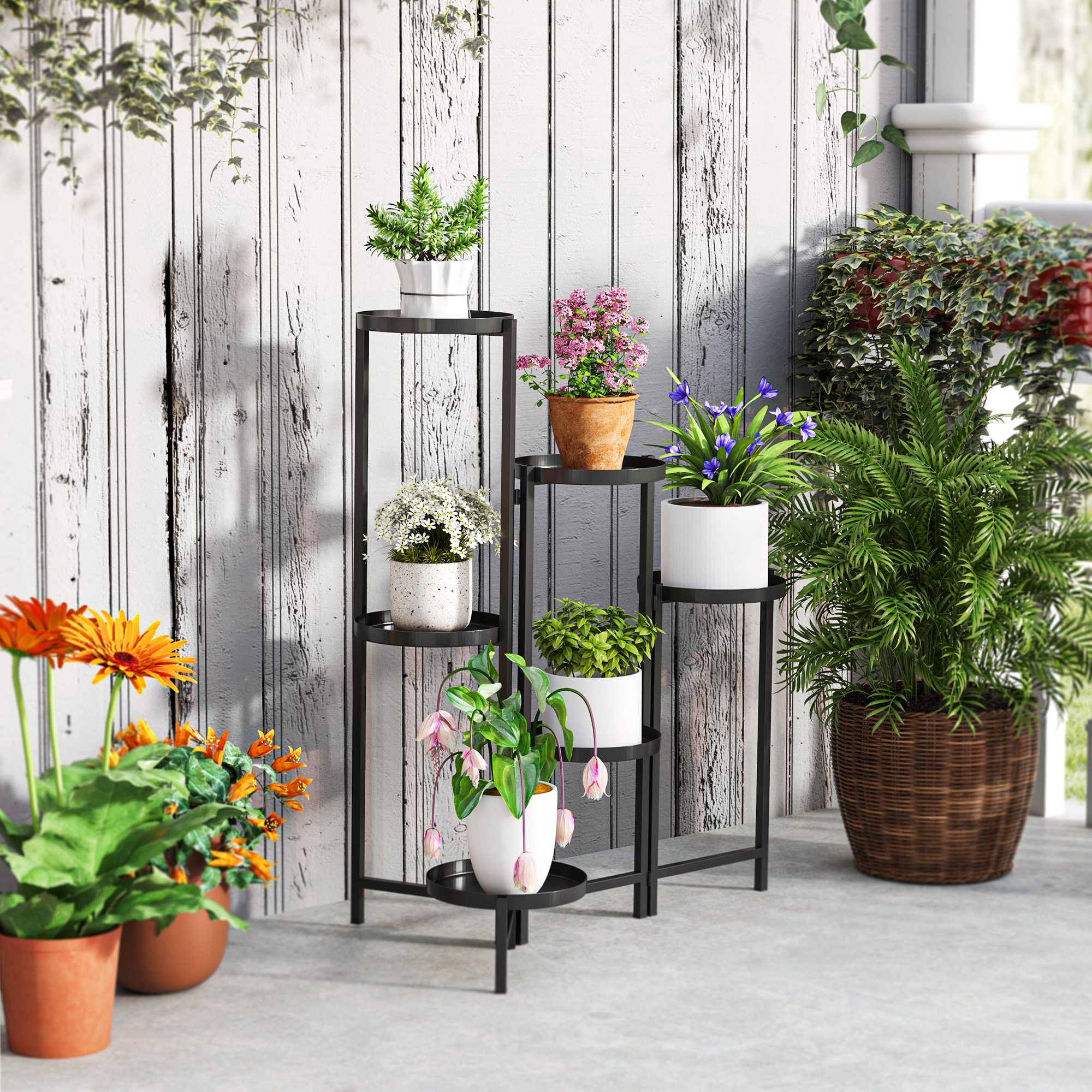 Blumentopfständer, Pflanzenständer mit 6 verstellbaren runden Ebenen, Eckständer für Pflanzentöpfe, Metall, Schwarz