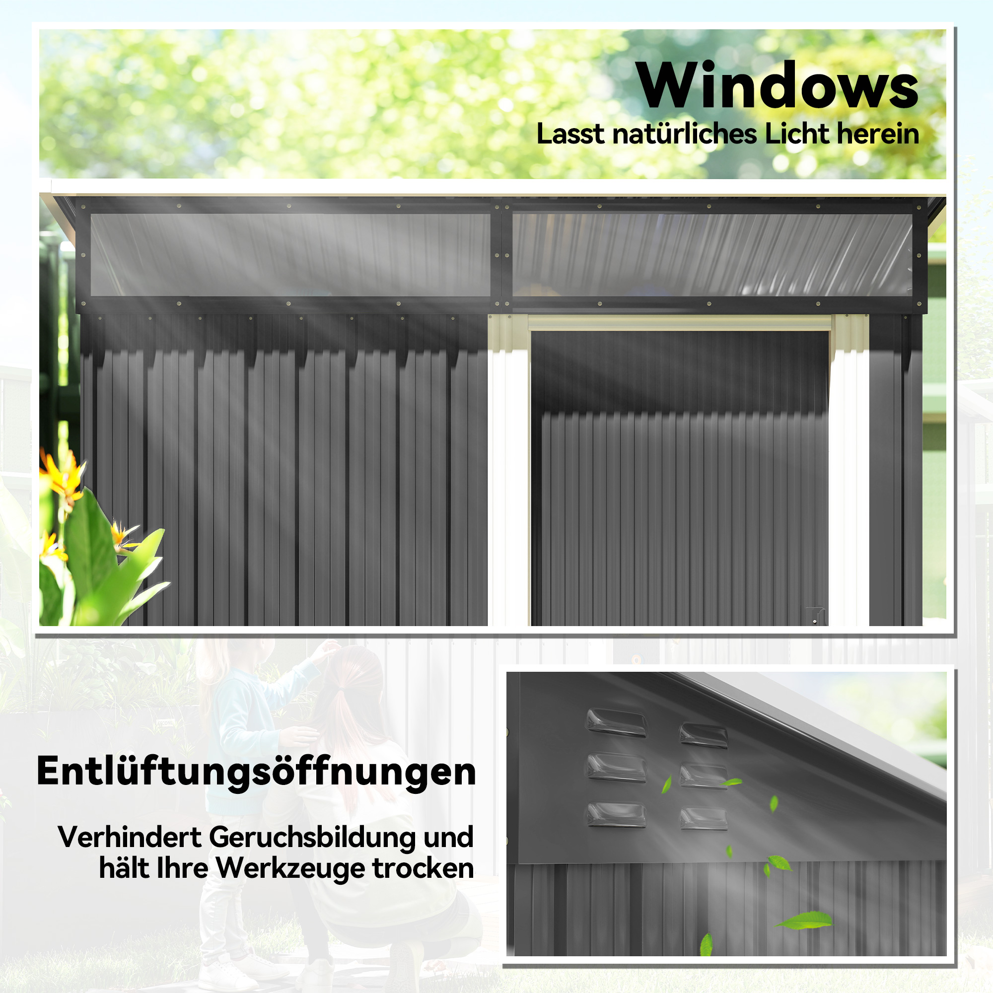 Gartenschuppen, Geräteschuppen mit Fenstern, Lüftungsöffnungen, Schiebetür, wasserdichter Stahl, wetterfest, Dunkelgrau
