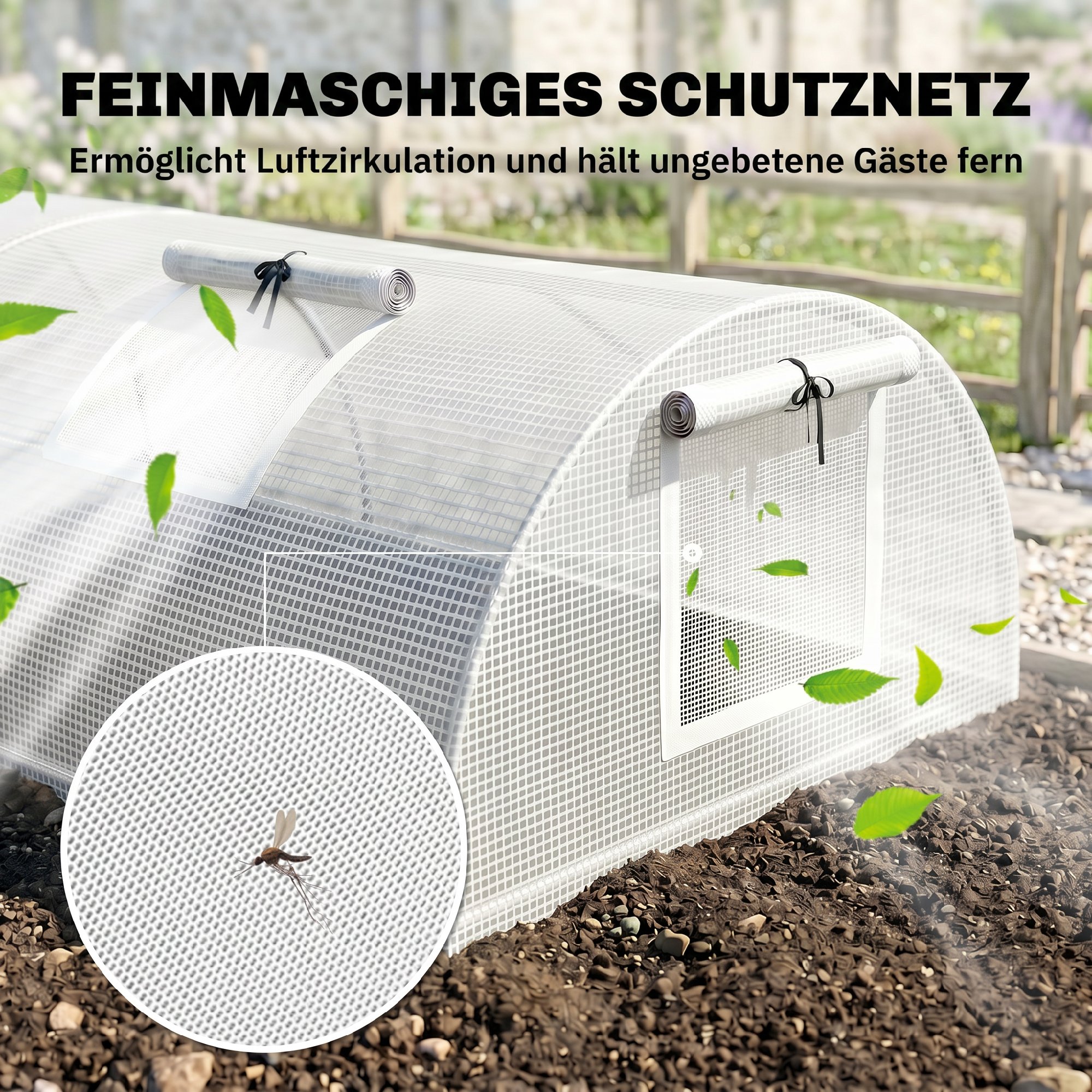 Foliengewächshaus, Mini-Tunnelgewächshaus mit Netz-Fenster, UV-beständig, Kunststoff-Folie, 200 x 80 x 45 cm, Weiß