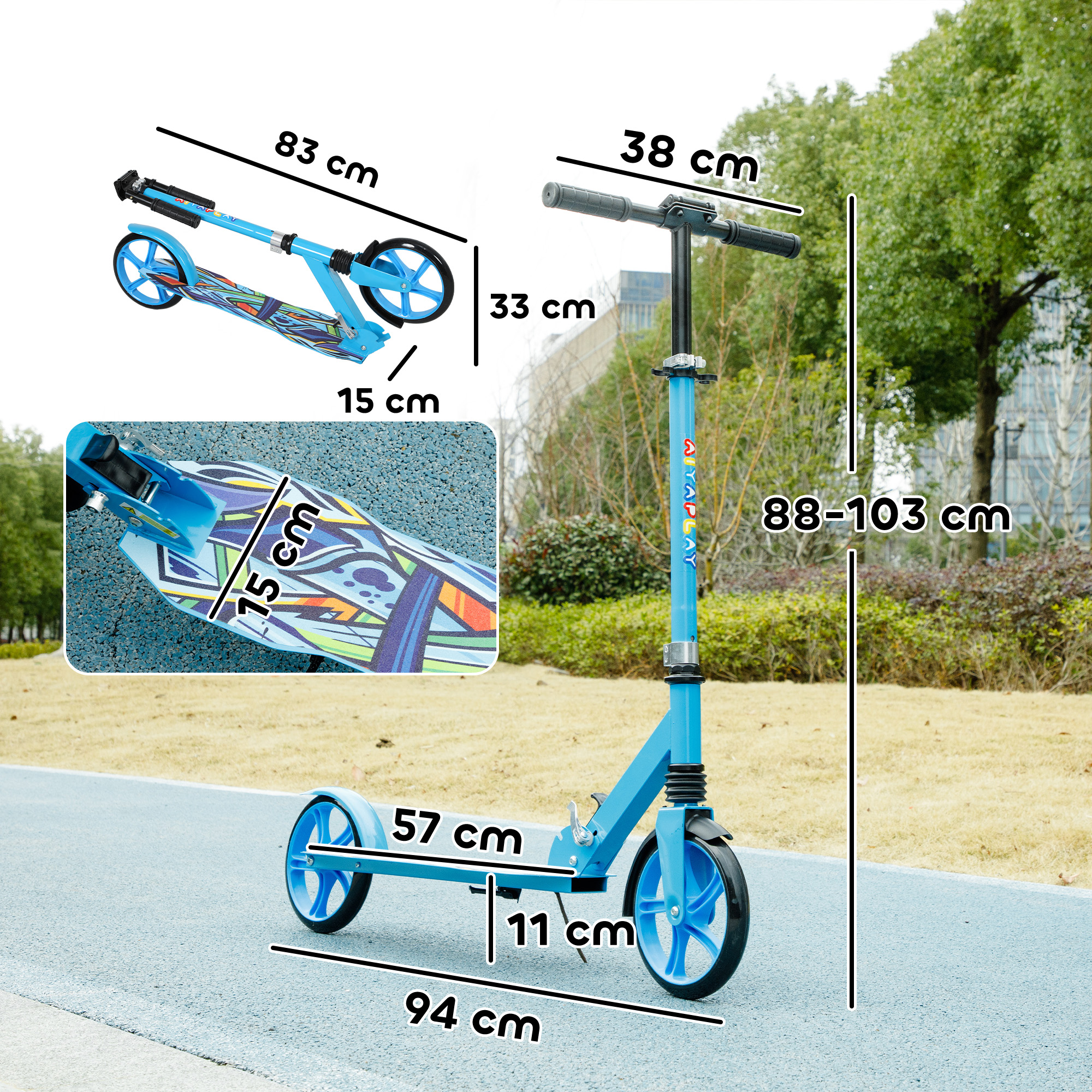 Tretroller, höhenverstellbar, Hinterradbremse, faltbar, 100 kg belastbar, Blau