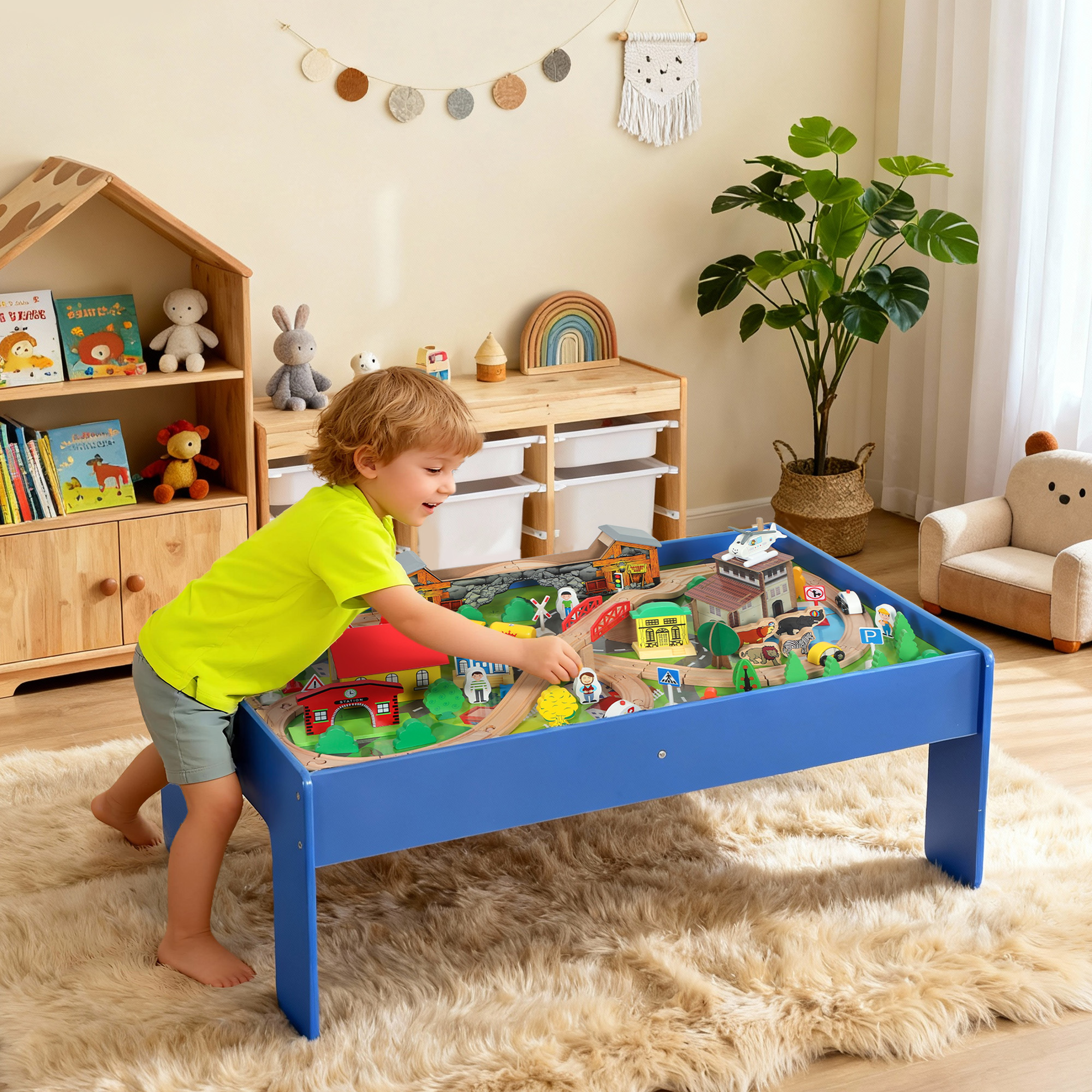 Spieltisch, 108-teiliges Eisenbahn-Set aus Holz, mit abnehmbarer Tischplatte, Eisenbahntisch, 98x60,5x40 cm, Blau