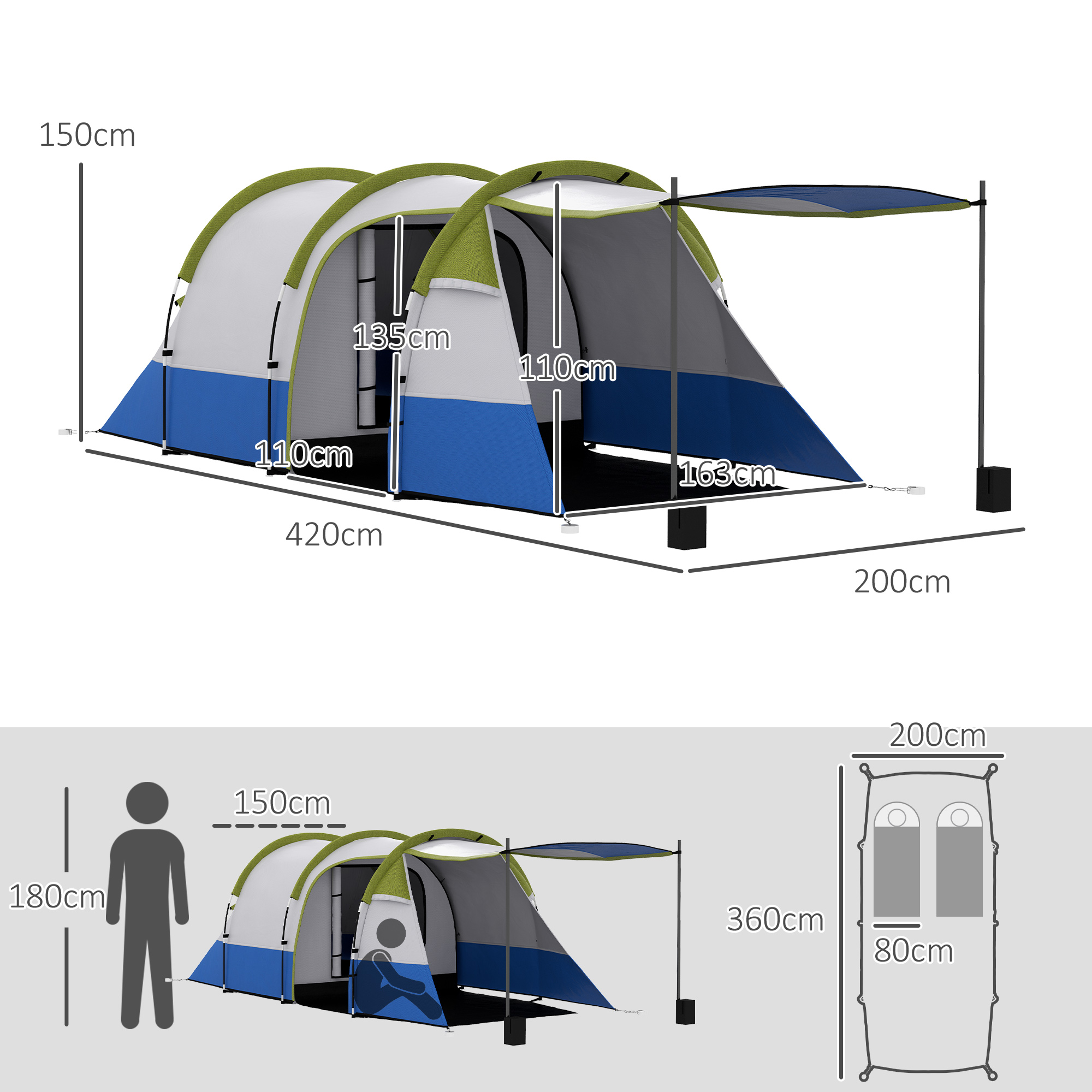 Campingzelt, für 3 Personen, Laternenhaken, drei Eingänge, wasserdicht, Grün