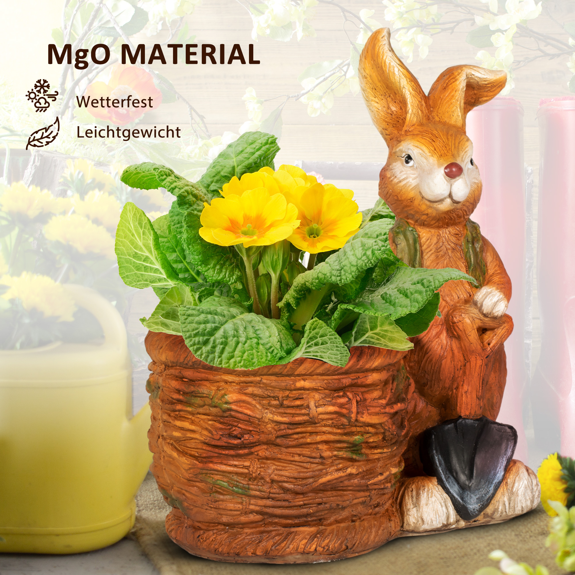 Blumentopf, Hase mit Weidenkorb, wetterfest, 45x27x50cm, Braun