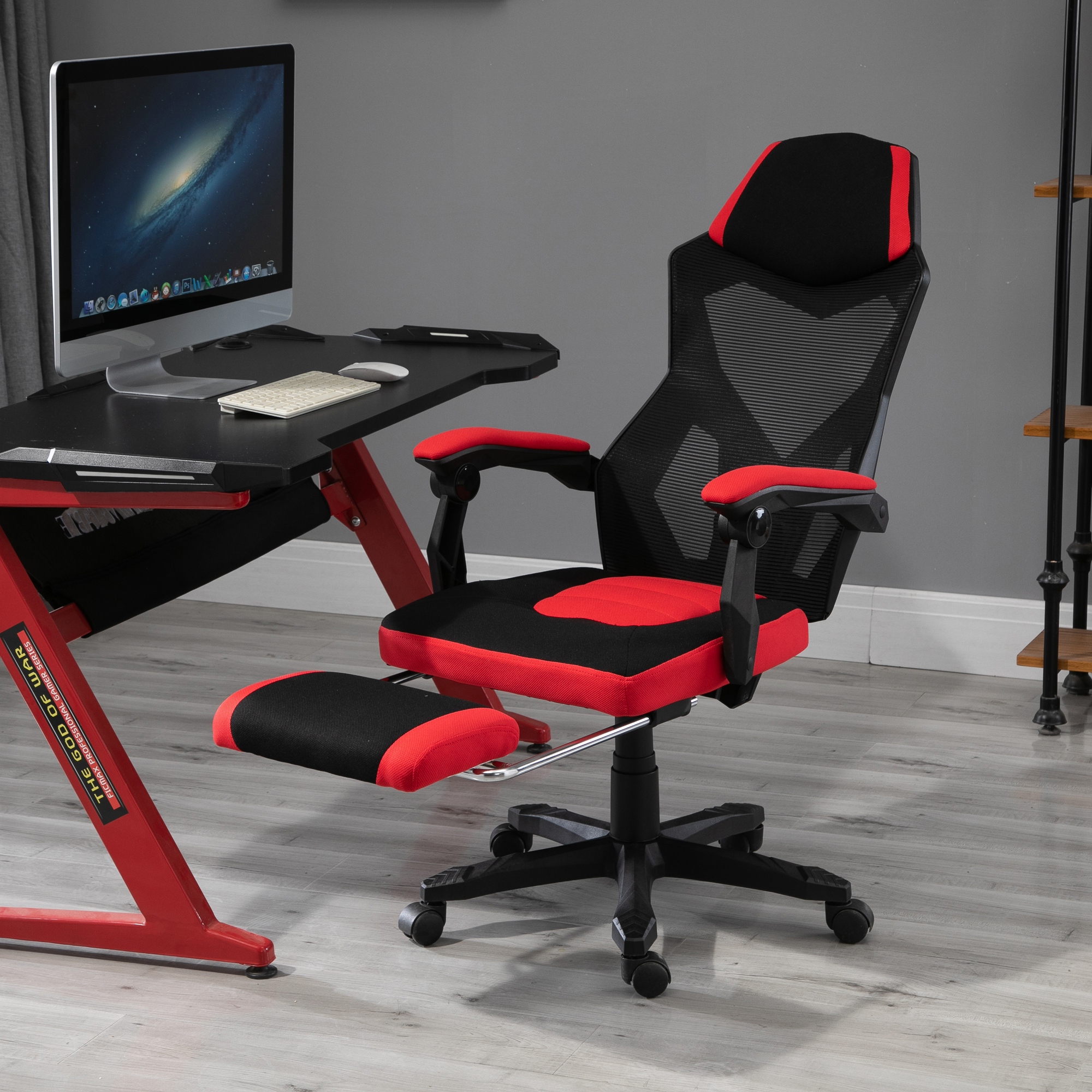 Ergonomischer Bürostuhl, Gaming Stuhl, Drehstuhl mit Fußstütze, PC Stuhl, Chefsessel,  höhenverstellbar, Polyester, Schwarz+Rot,58 x 63 x 112-122 cm