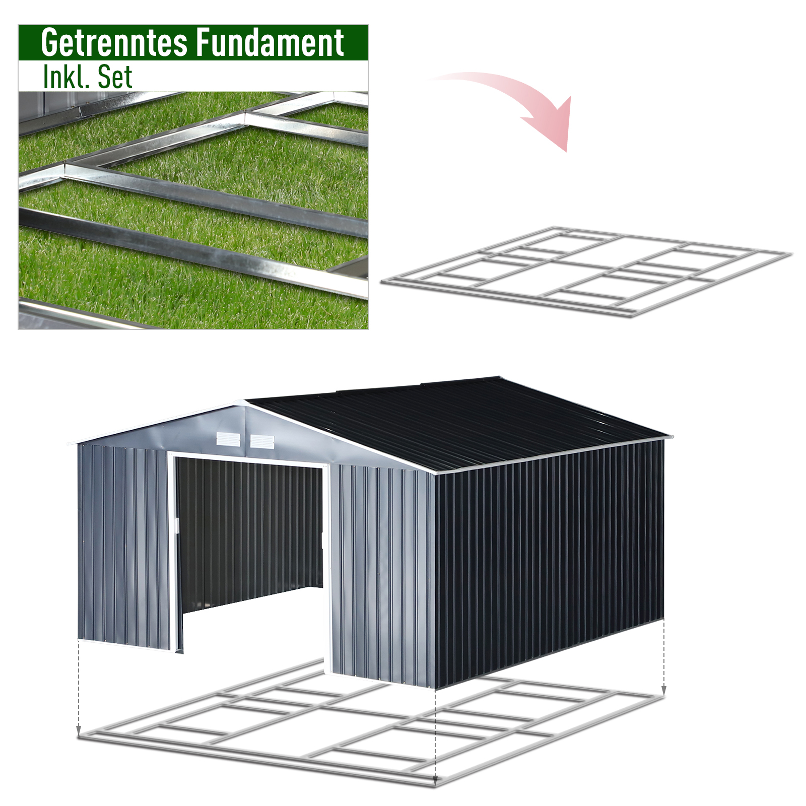 Geräteschuppen, Wetterfestes Gartenhaus für Gartengeräte, mit Belüftungsfenstern, Schiebetüren, Stahl, Kohlegrau