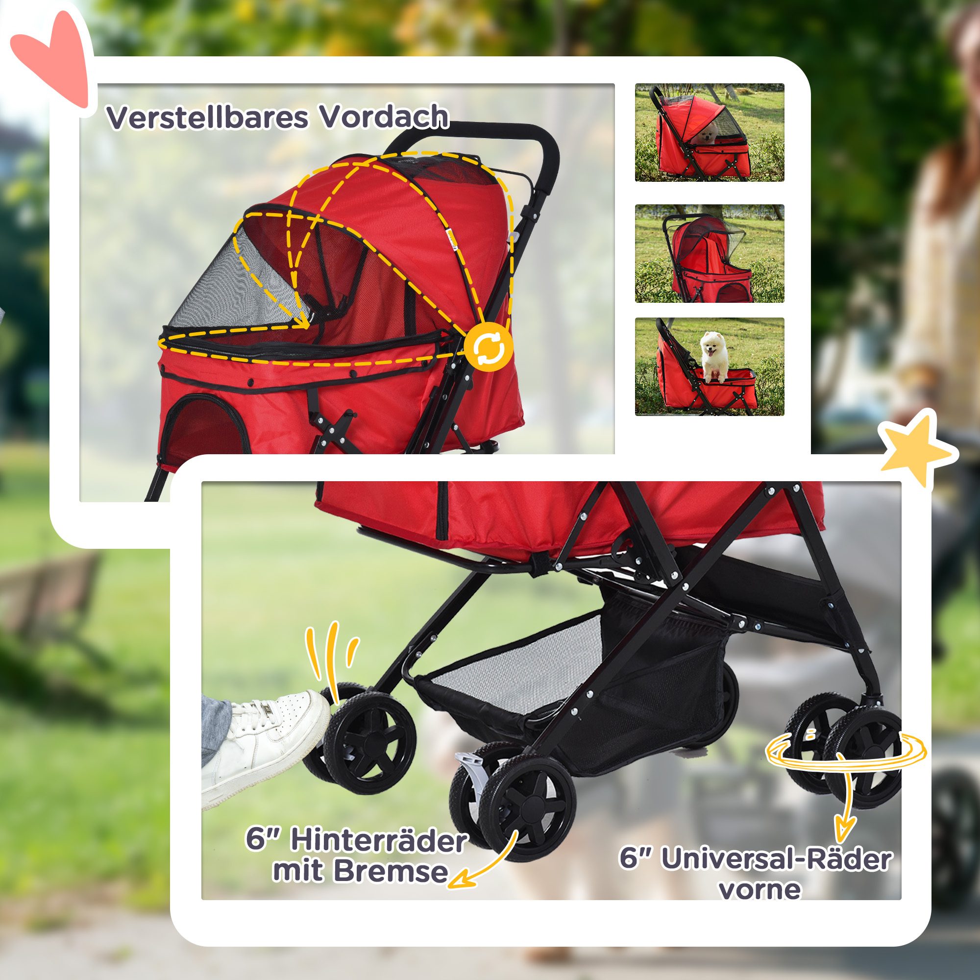 Hundebuggy Hundewagen bis 10kg klappbar verstellbares Vordach Oxford Rot 76,5 x 52 x 95 cm